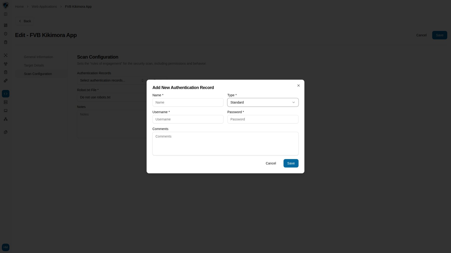 Scan Configuration step with the Authentication Records section and its Create button