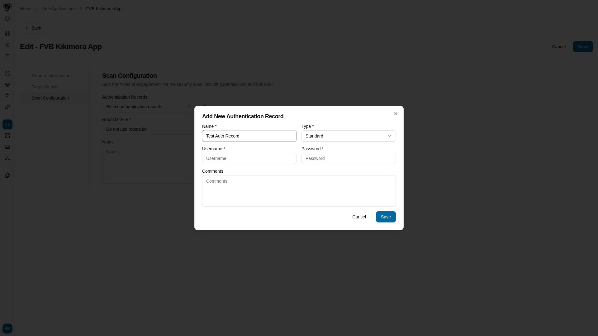 Add New Authentication Record dialog with the type set to Standard and a name entered
