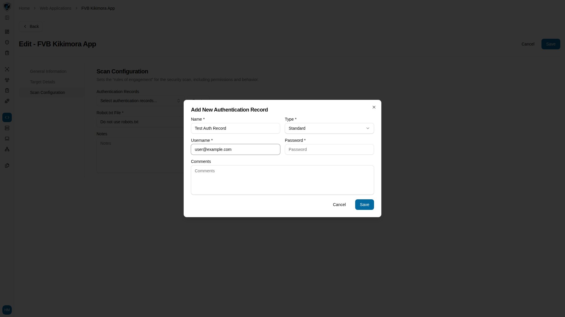 The dialog's username field filled with a placeholder account address
