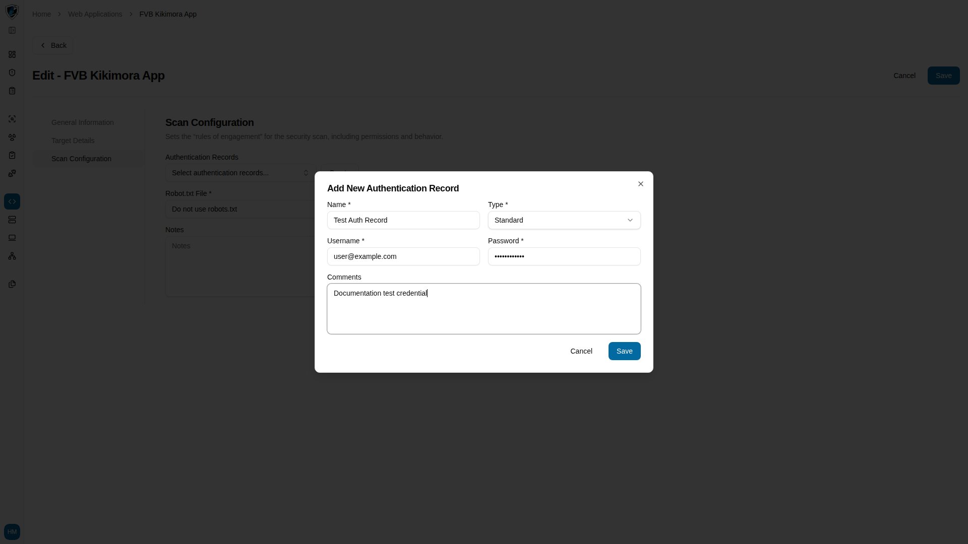 The dialog with a masked password and a comment describing the credential set