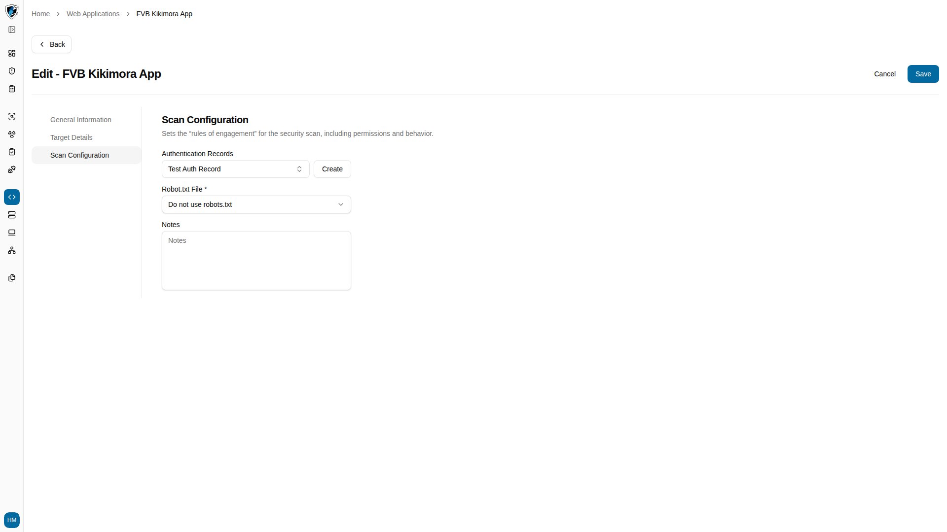 Authentication Records dropdown in the wizard showing the newly created record selected