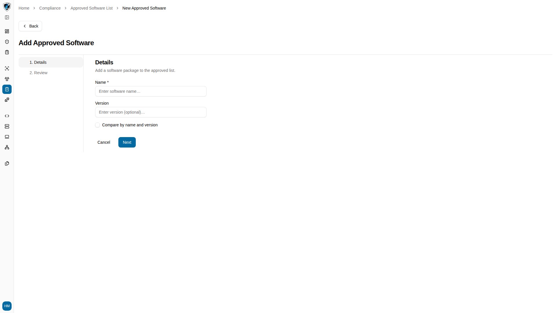 Step 1 of the Create New wizard with software name, version, and matching checkbox