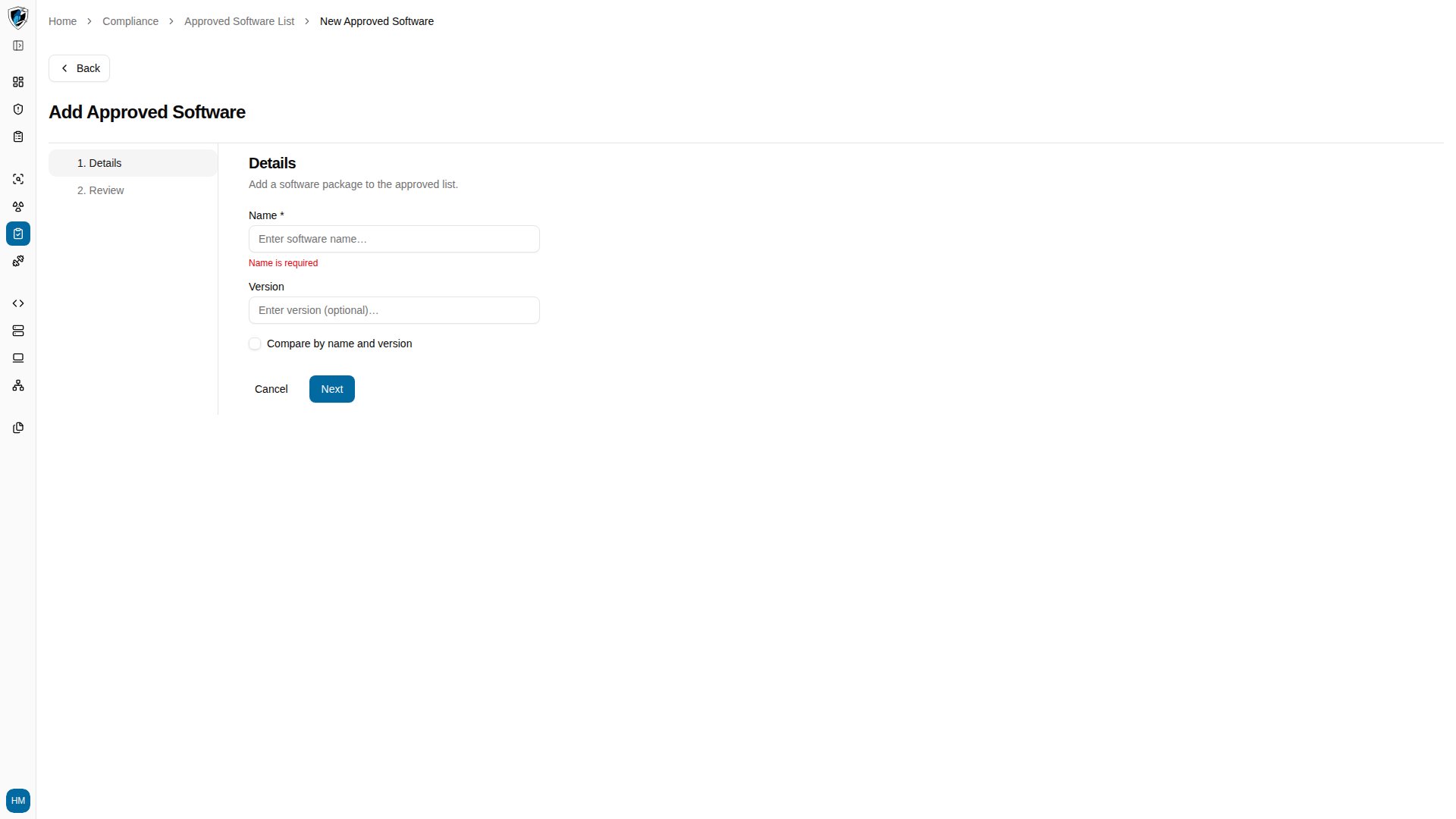Step 1 showing the Name is required validation error beneath the empty field