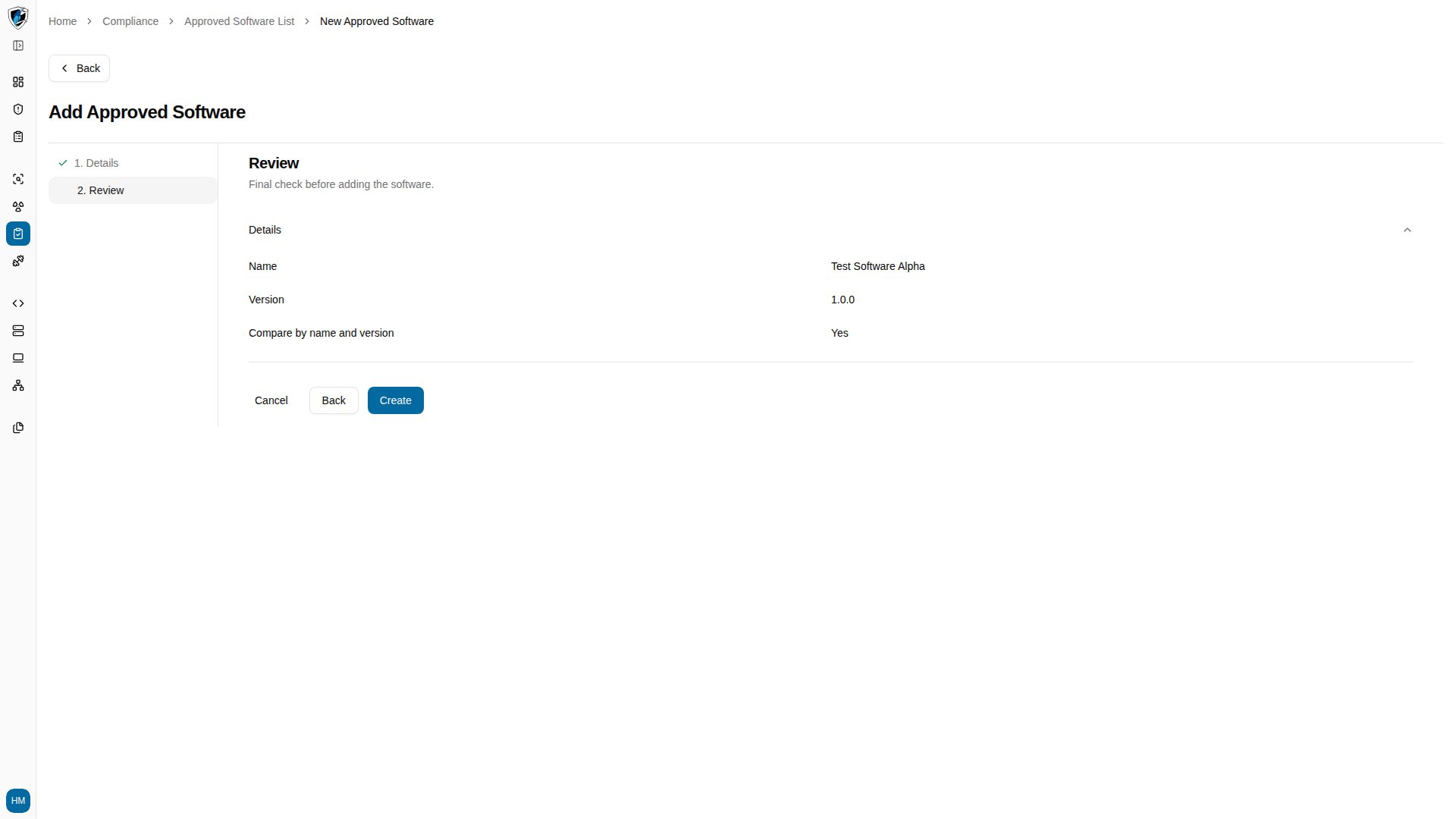 Step 2 review summarizing the software name and version before creation