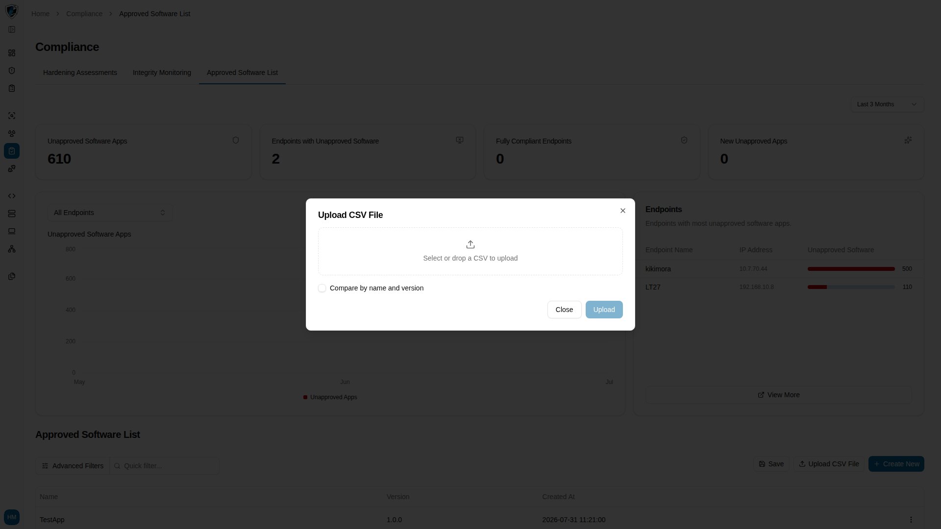 Upload CSV File dialog with the file input and the compare by name and version option