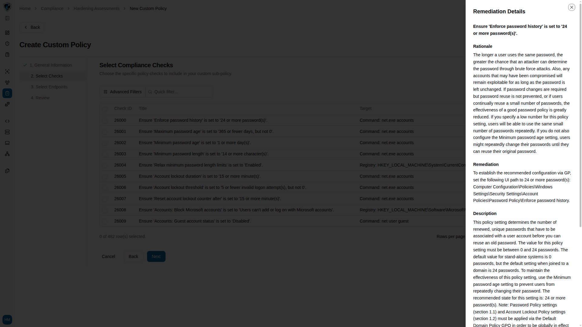 Check preview overlay open over the checks table, showing the description, rationale, remediation, and rule sections