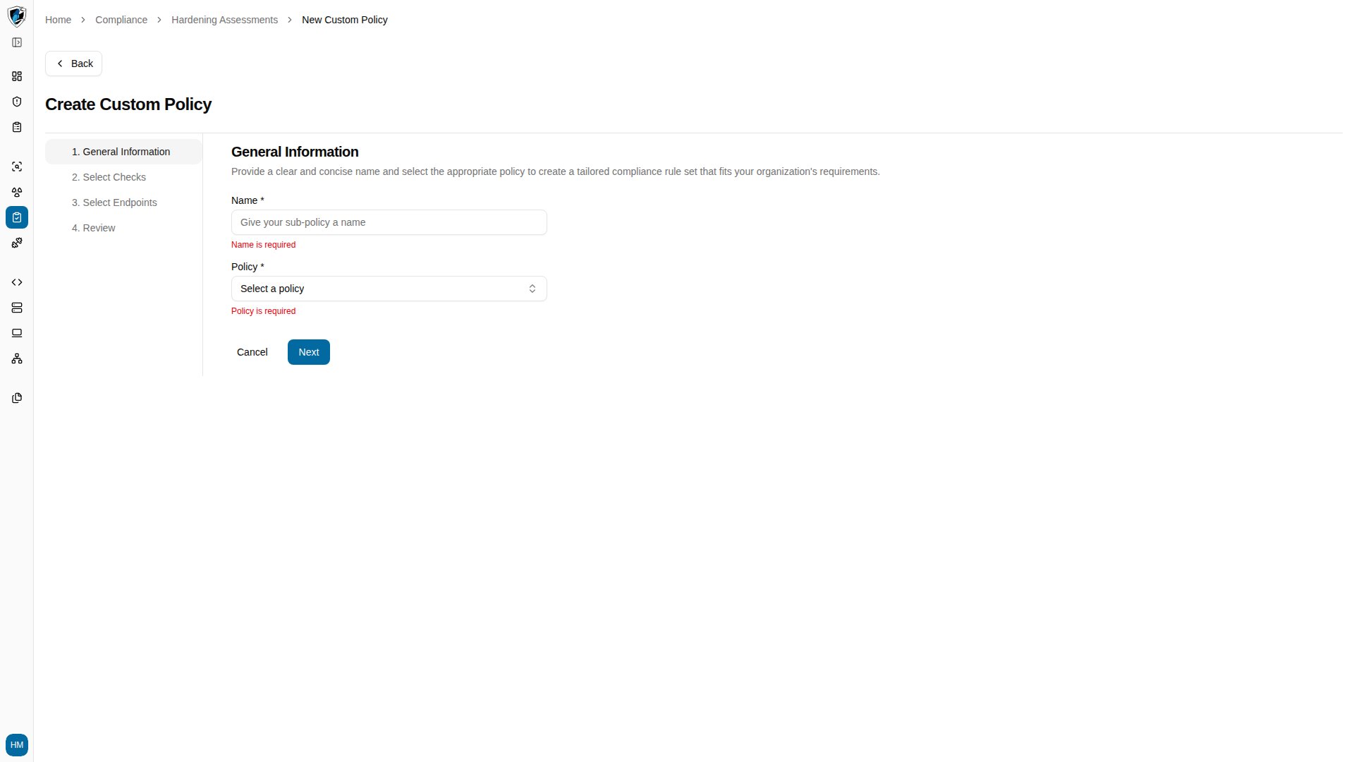 Step 1 of the wizard showing inline validation errors on the empty name and policy fields
