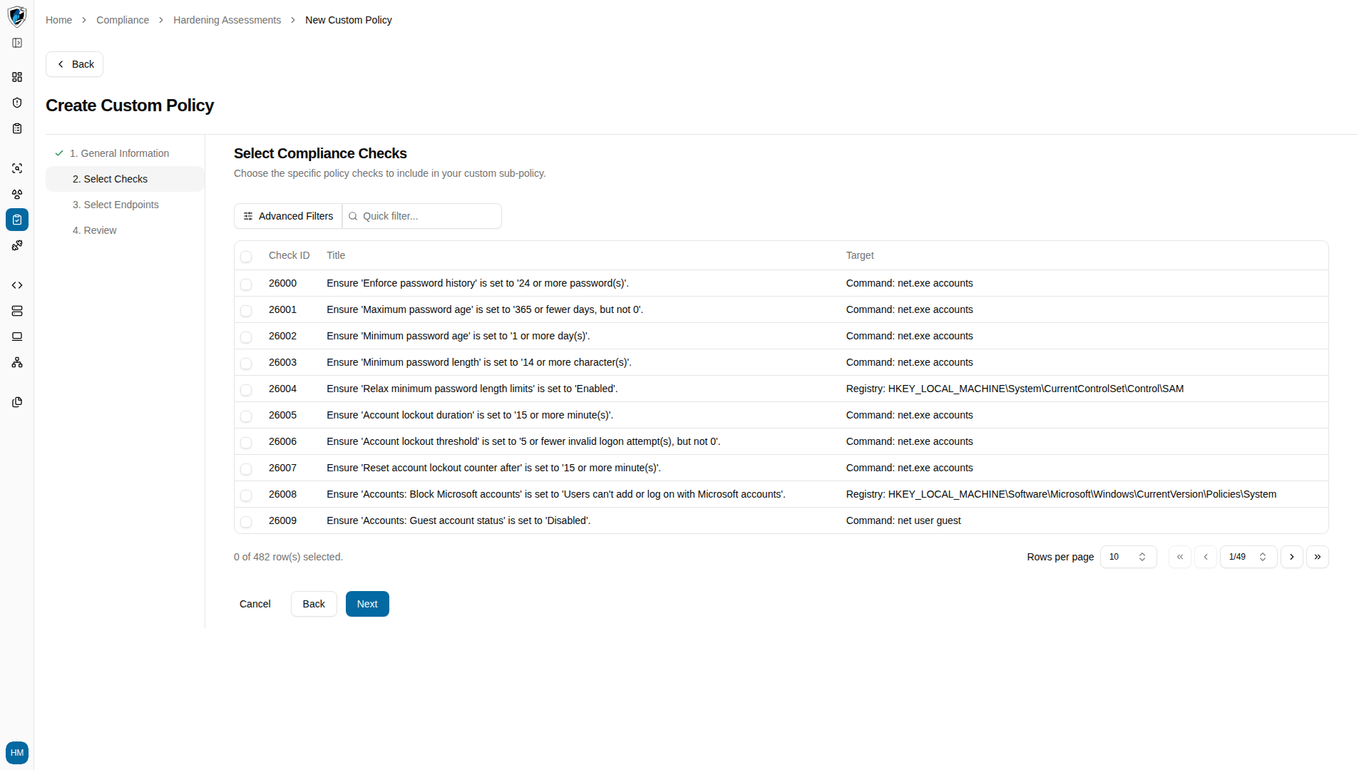 Step 2 showing the toast error returned when no checks are selected
