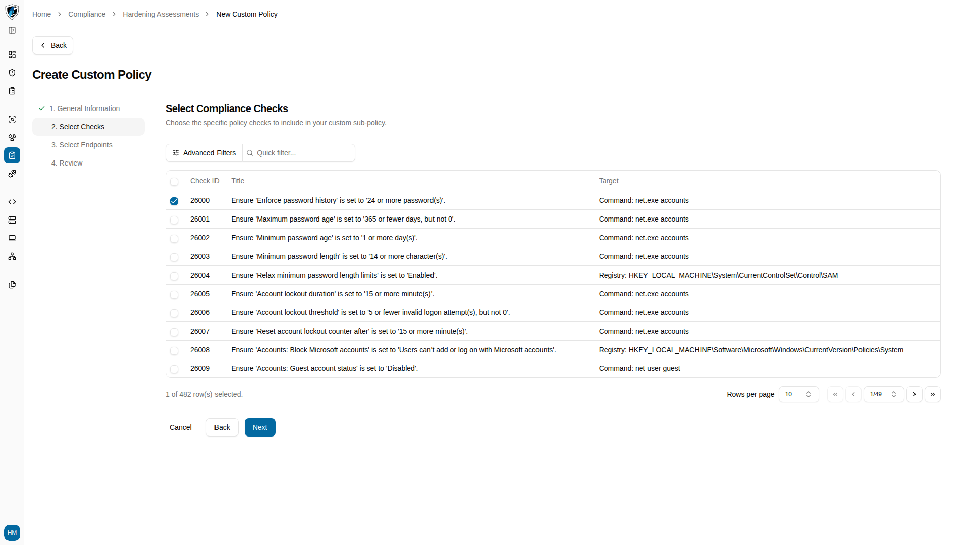 Step 2 with compliance checks selected from the benchmark catalogue