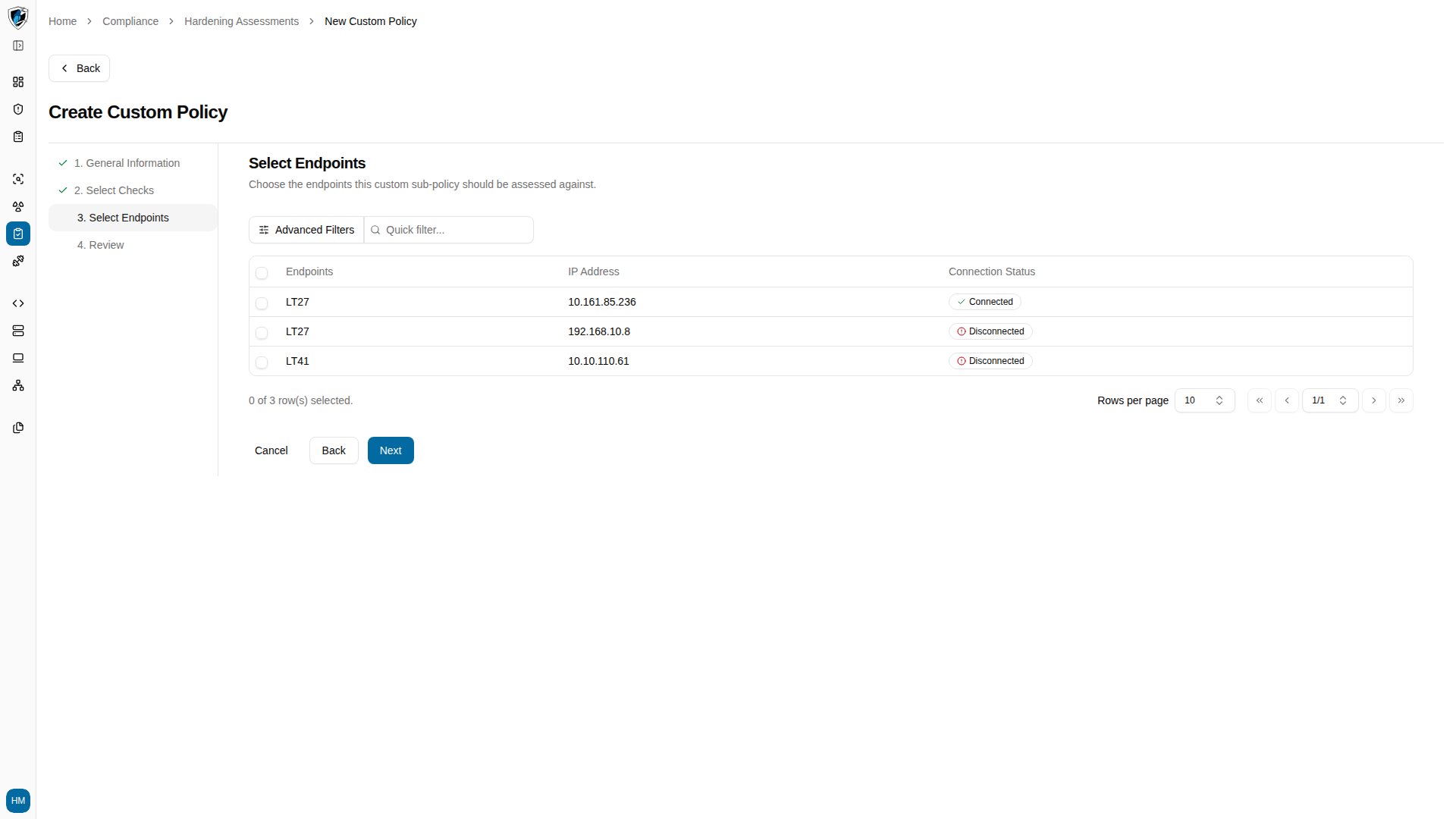 Step 3 showing the error returned when no endpoints are selected