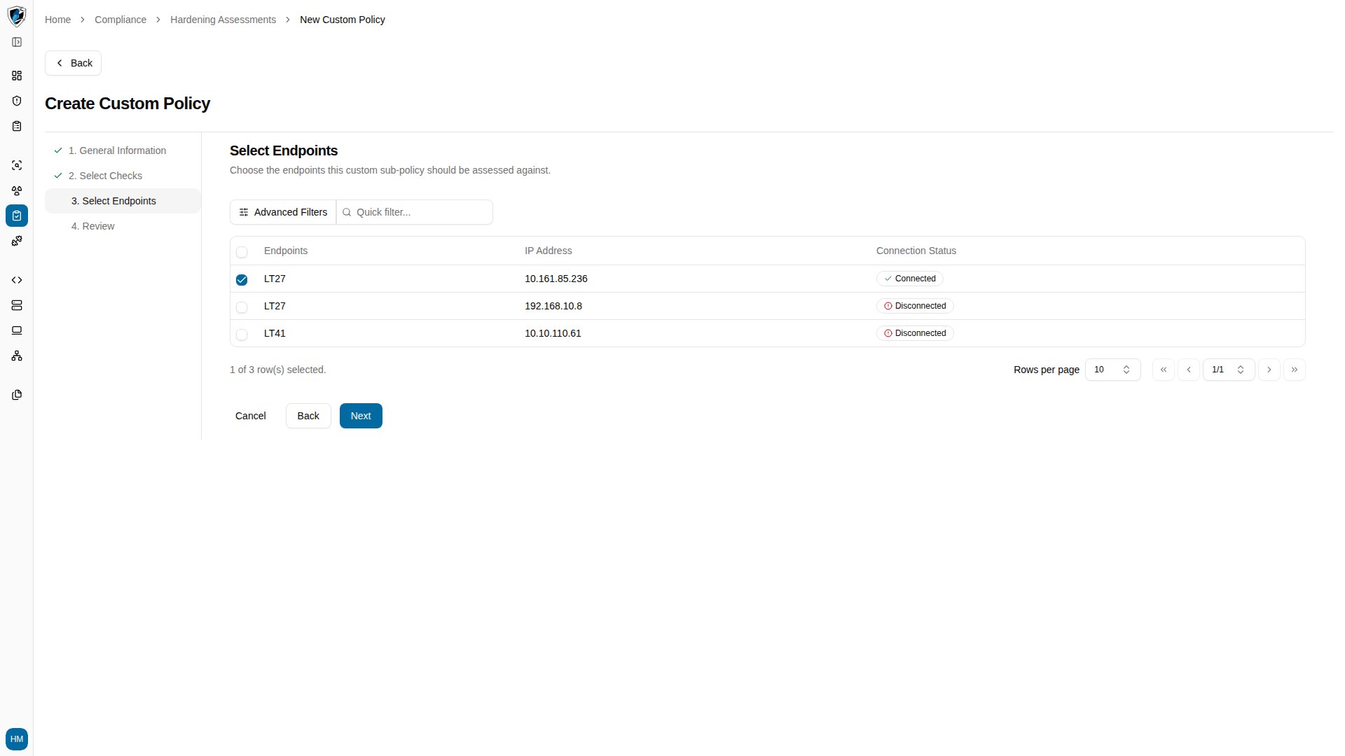 Step 3 with target endpoints selected for evaluation
