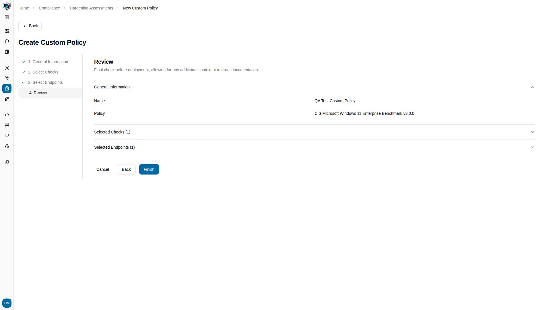 Step 4 review with the selected checks and endpoints accordions expanded