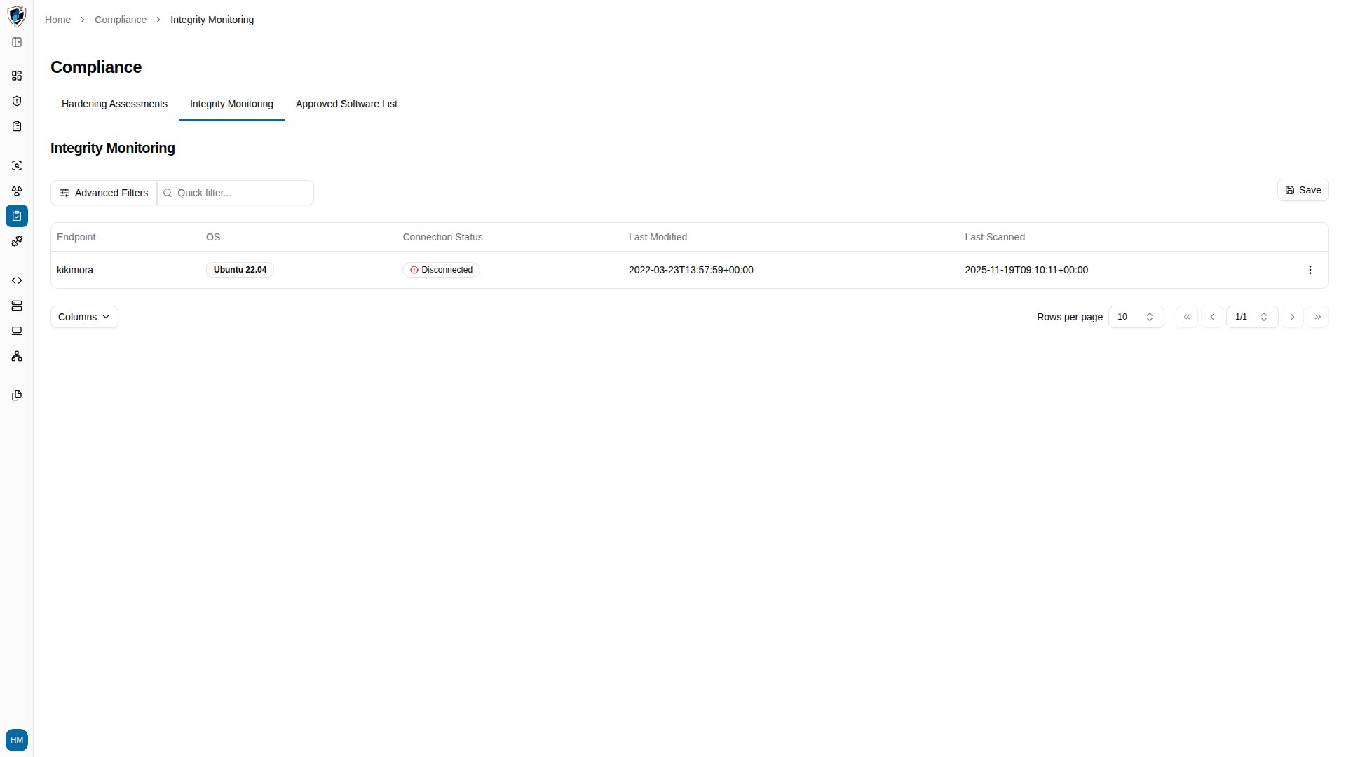 Integrity monitoring overview table listing monitored endpoints with OS, connection status, and scan timestamps