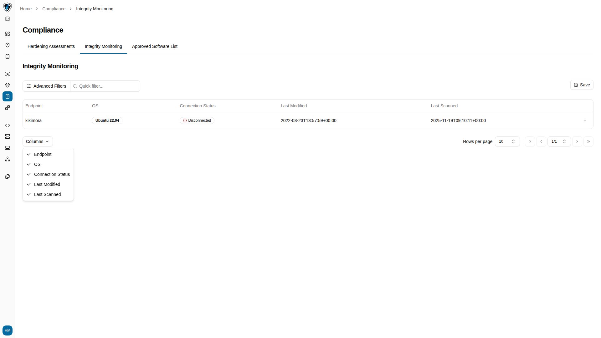 Columns selector dropdown with toggles for the endpoint table columns