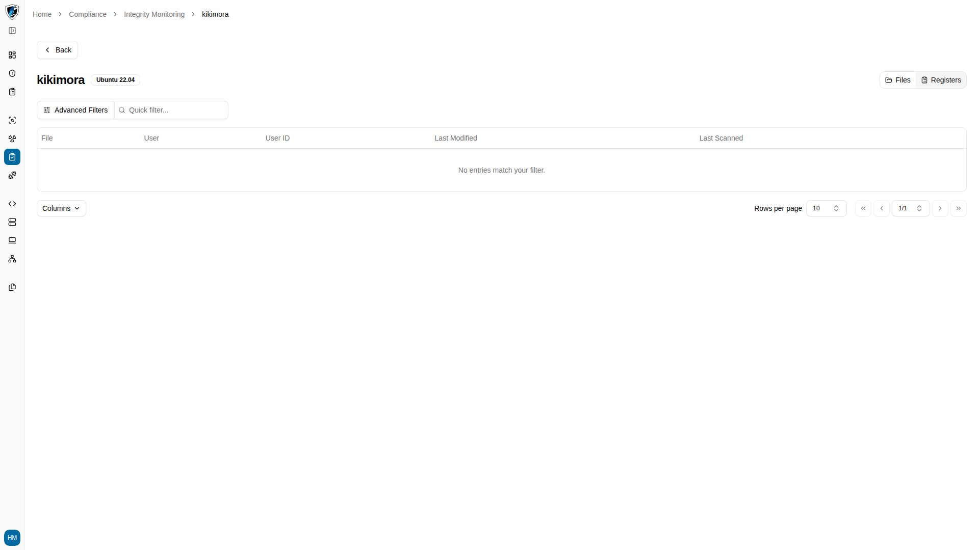 Registers sub-tab showing the empty state for a non-Windows endpoint