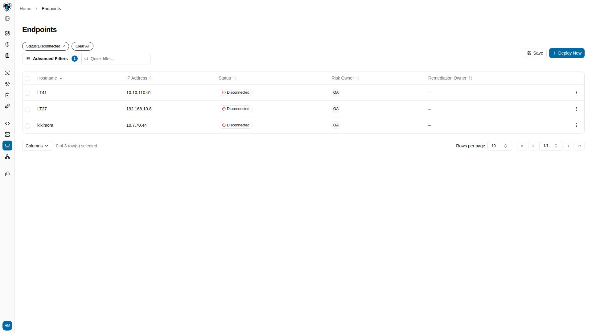 Endpoints list page, showing all endpoints rather than only disconnected ones