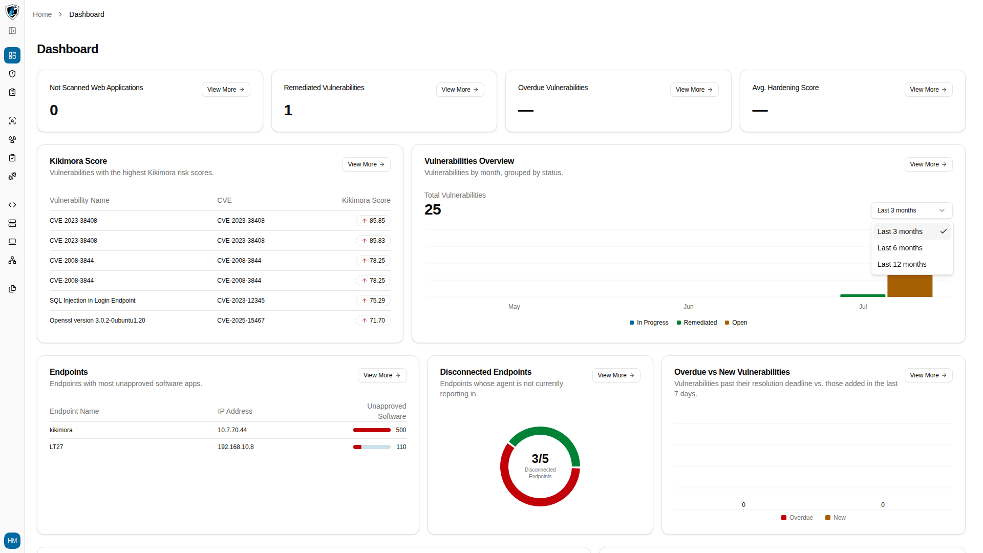 Time range selector open on the Vulnerabilities Overview chart, with Last 3 months checked and Last 6 and Last 12 months below it