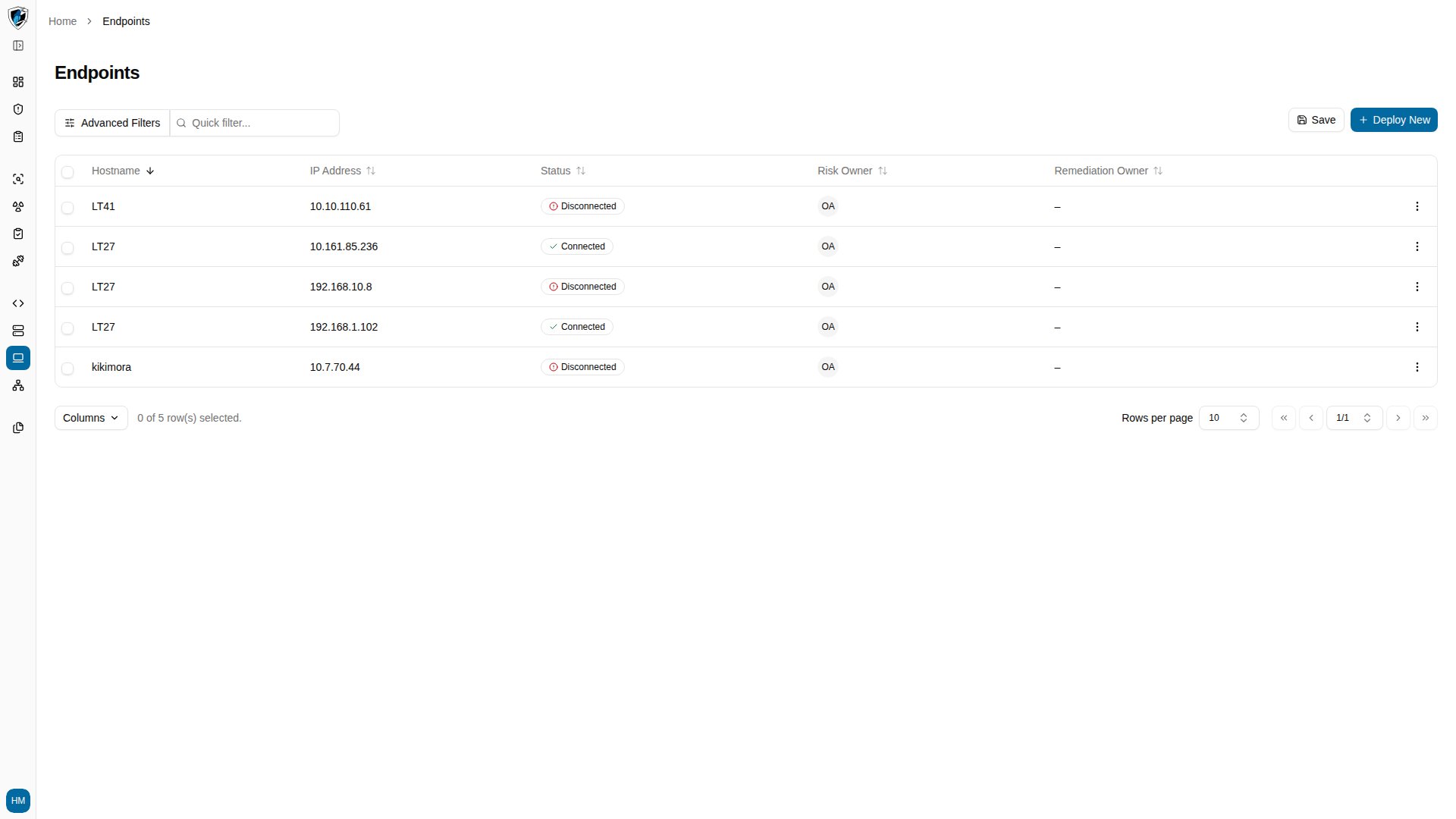 Endpoints inventory table listing hosts with IP address, connection status, and owner columns