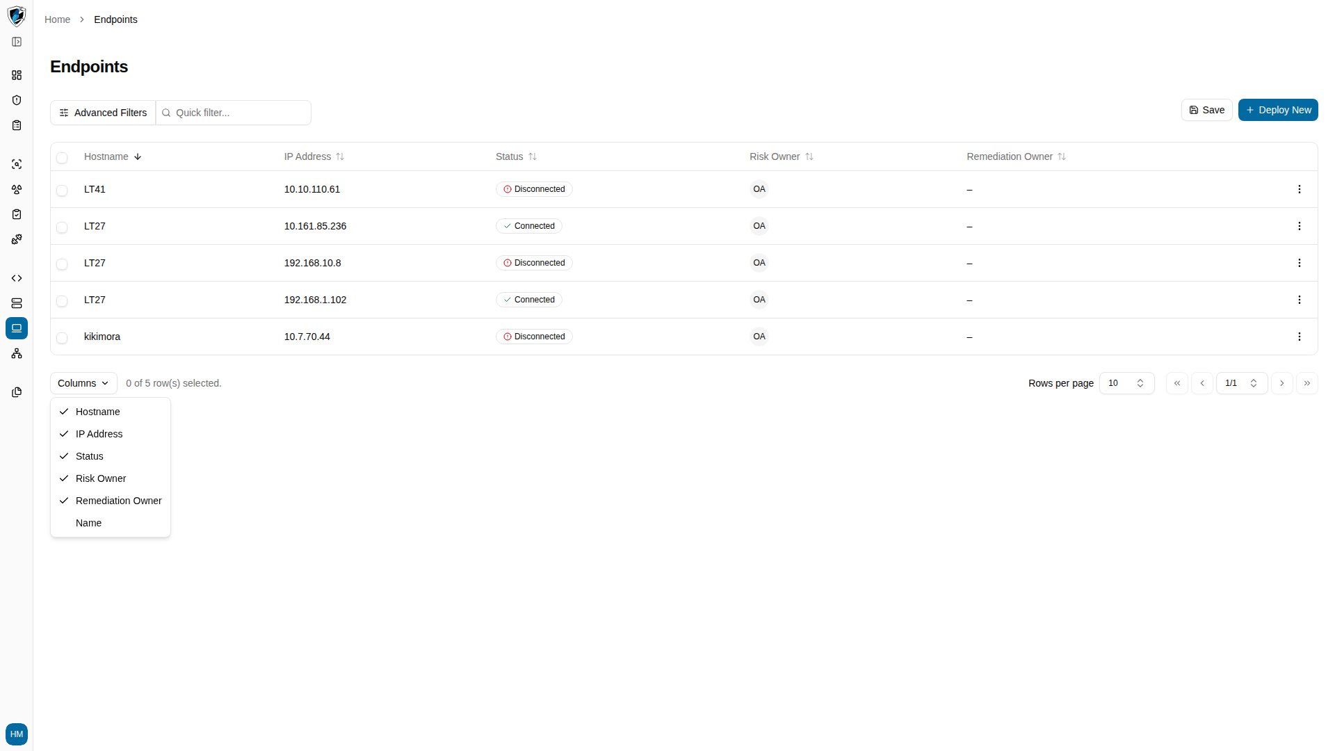 Columns selector menu open over the endpoints table with per-column toggles