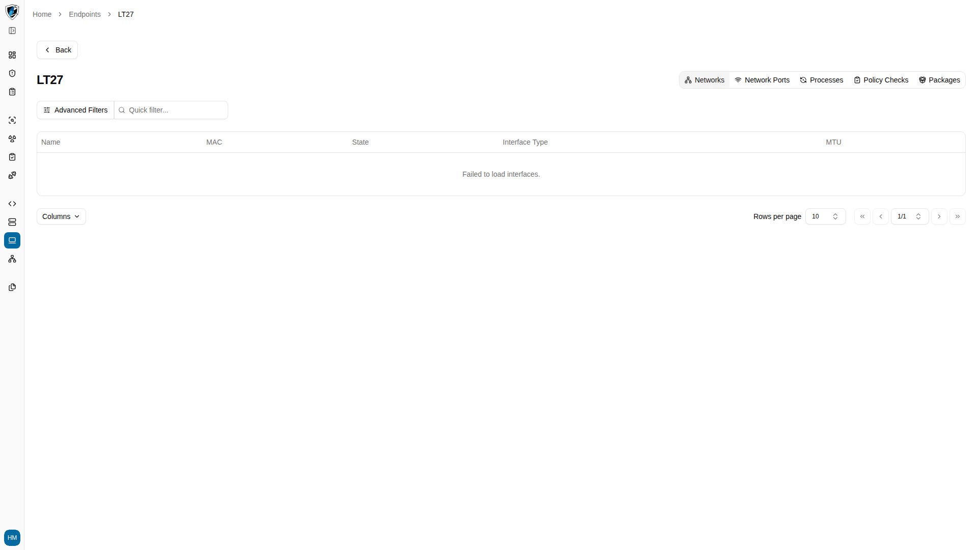 Networks tab listing the host's interfaces with MAC addresses, IPs, netmasks, and states