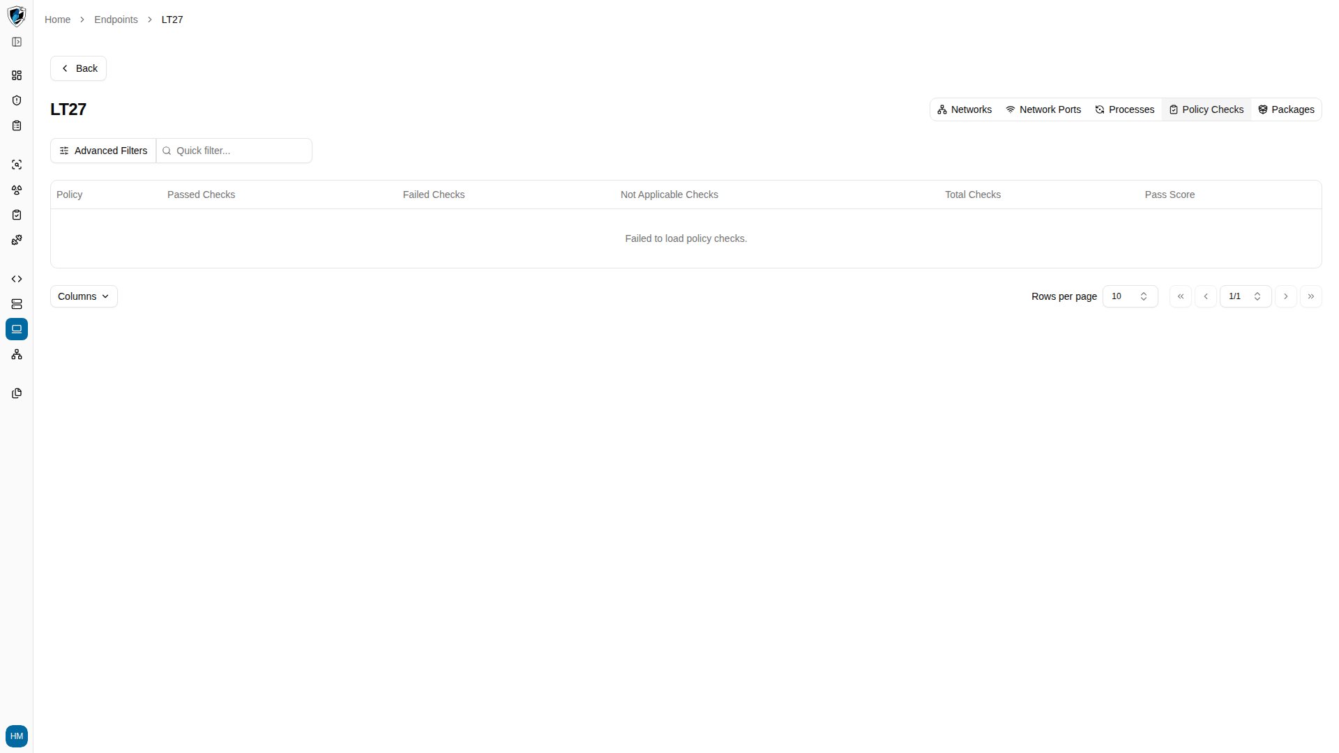 Policy Checks tab listing applied policies with pass and fail counts and compliance scores