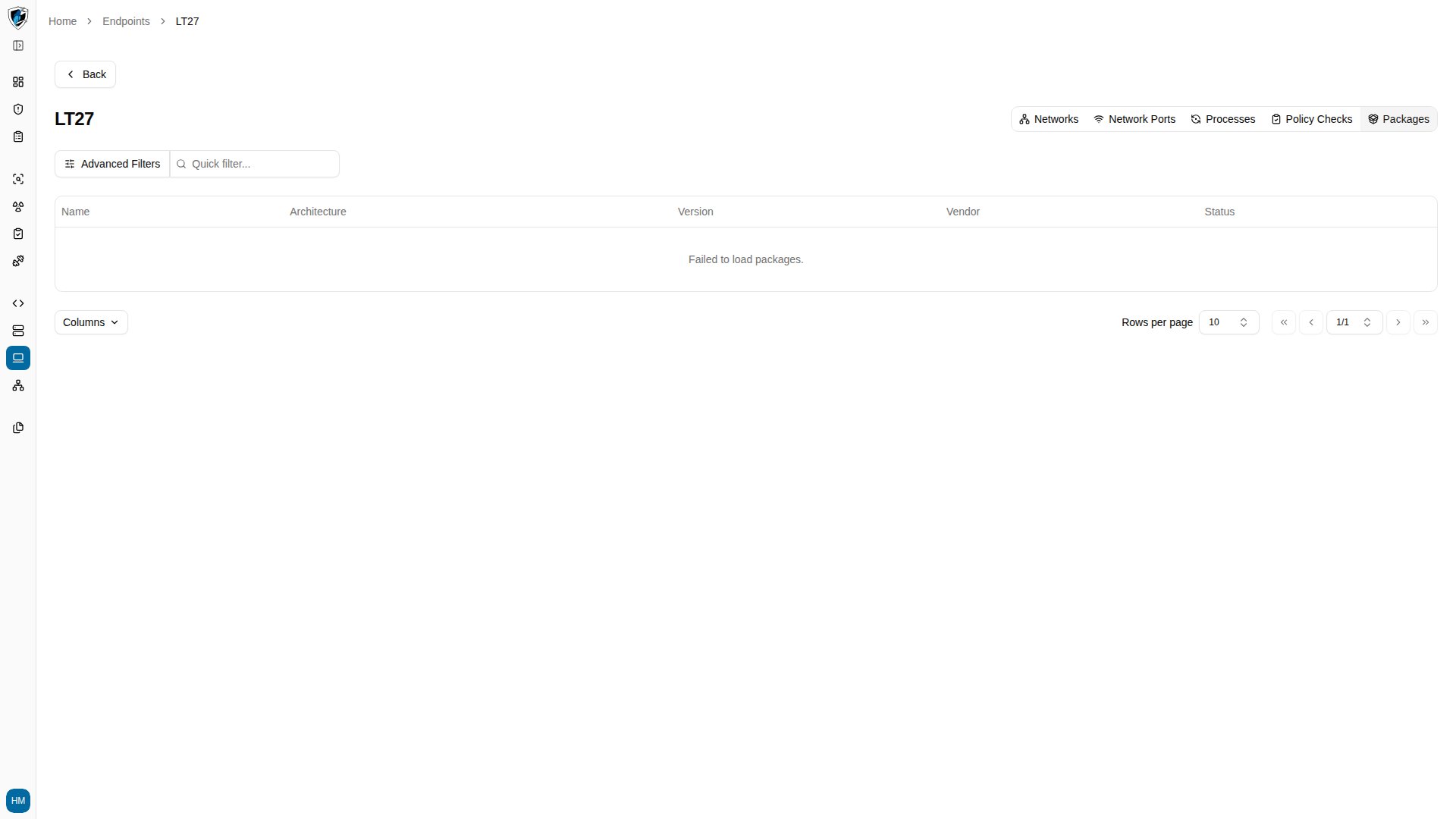 Packages tab listing installed packages with versions, architecture, vendor, and install times
