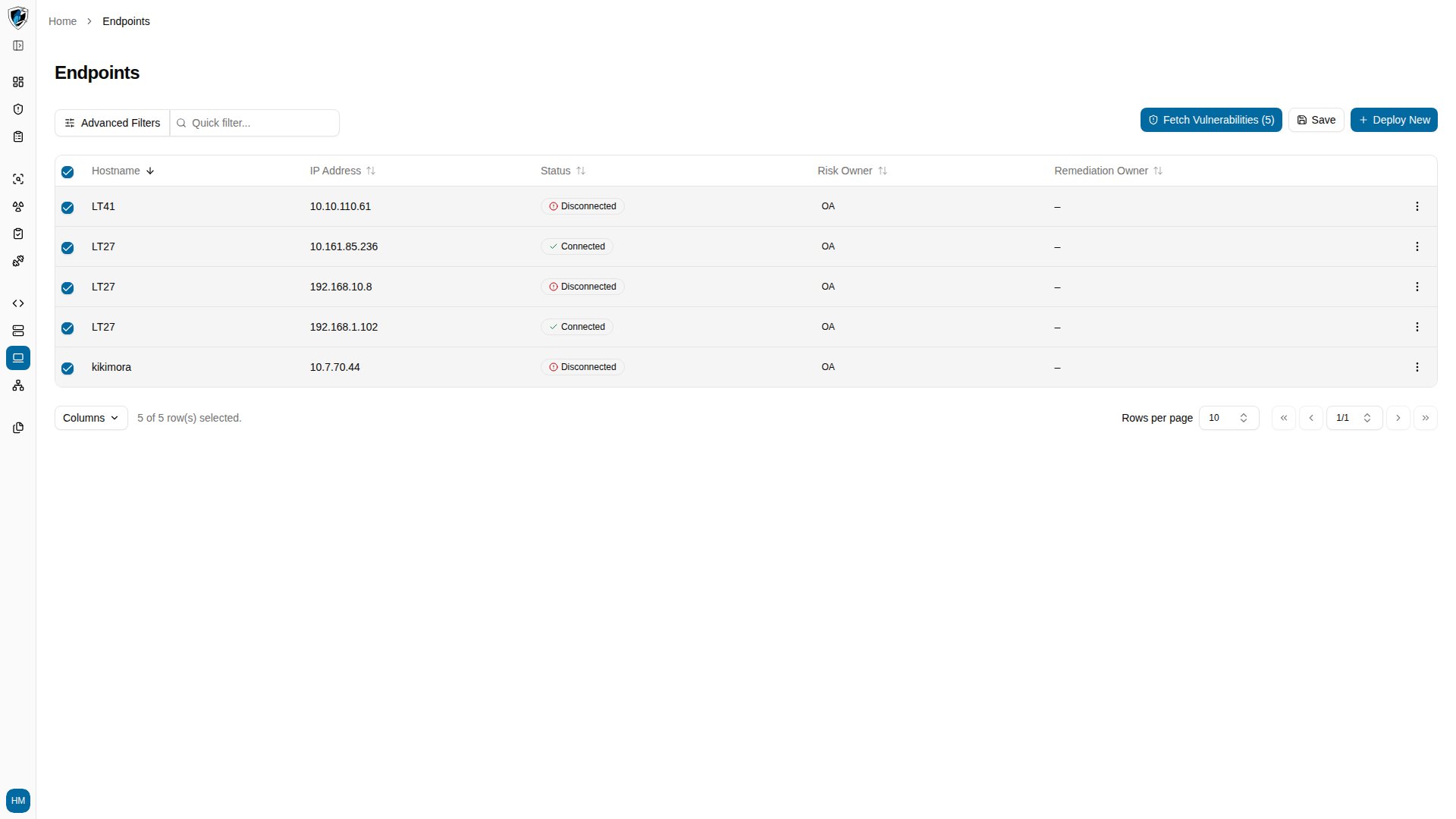 Endpoints table with several host rows selected via their checkboxes