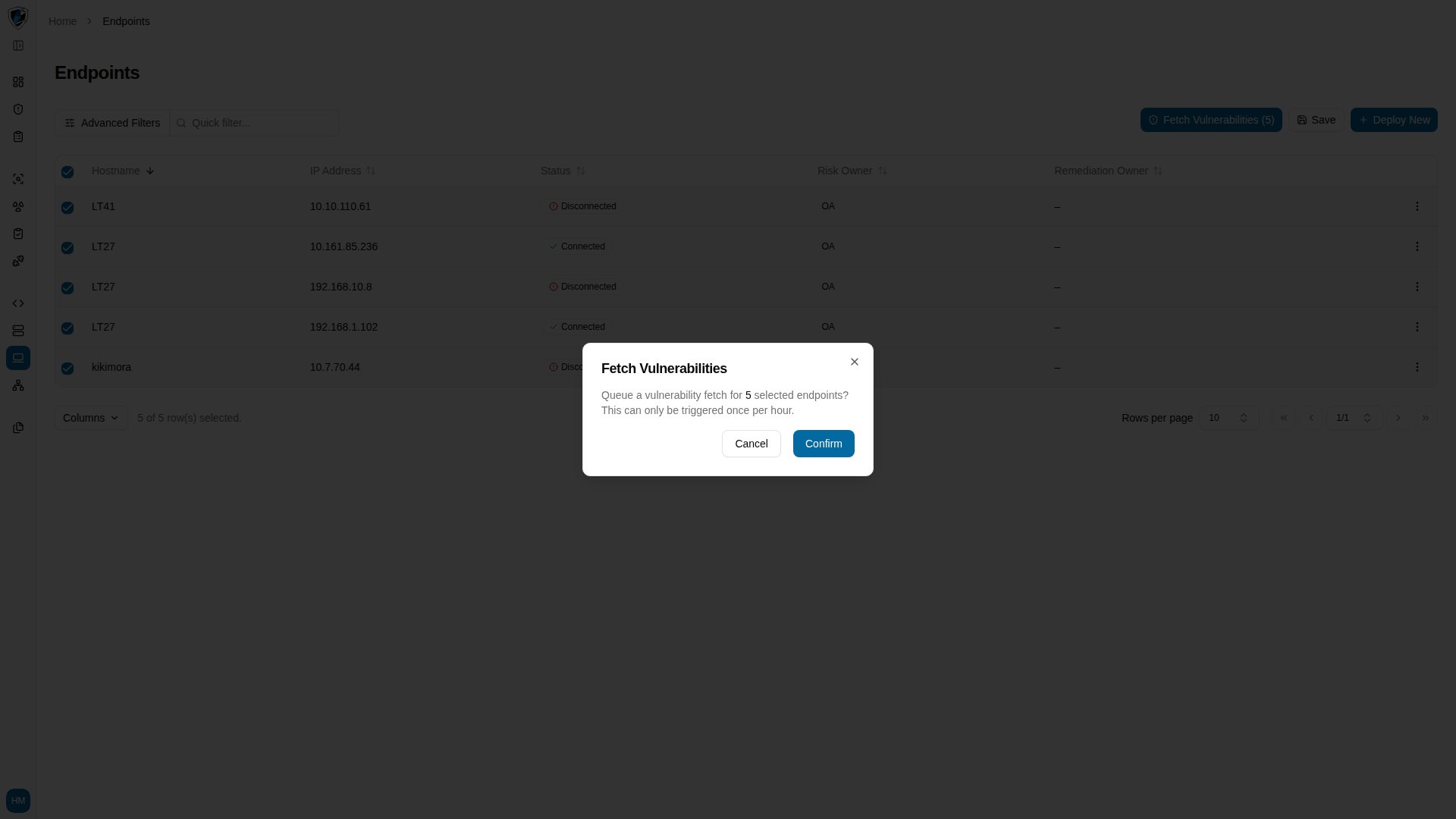 Confirmation dialog explaining the once-per-hour fetch limit before sending the request