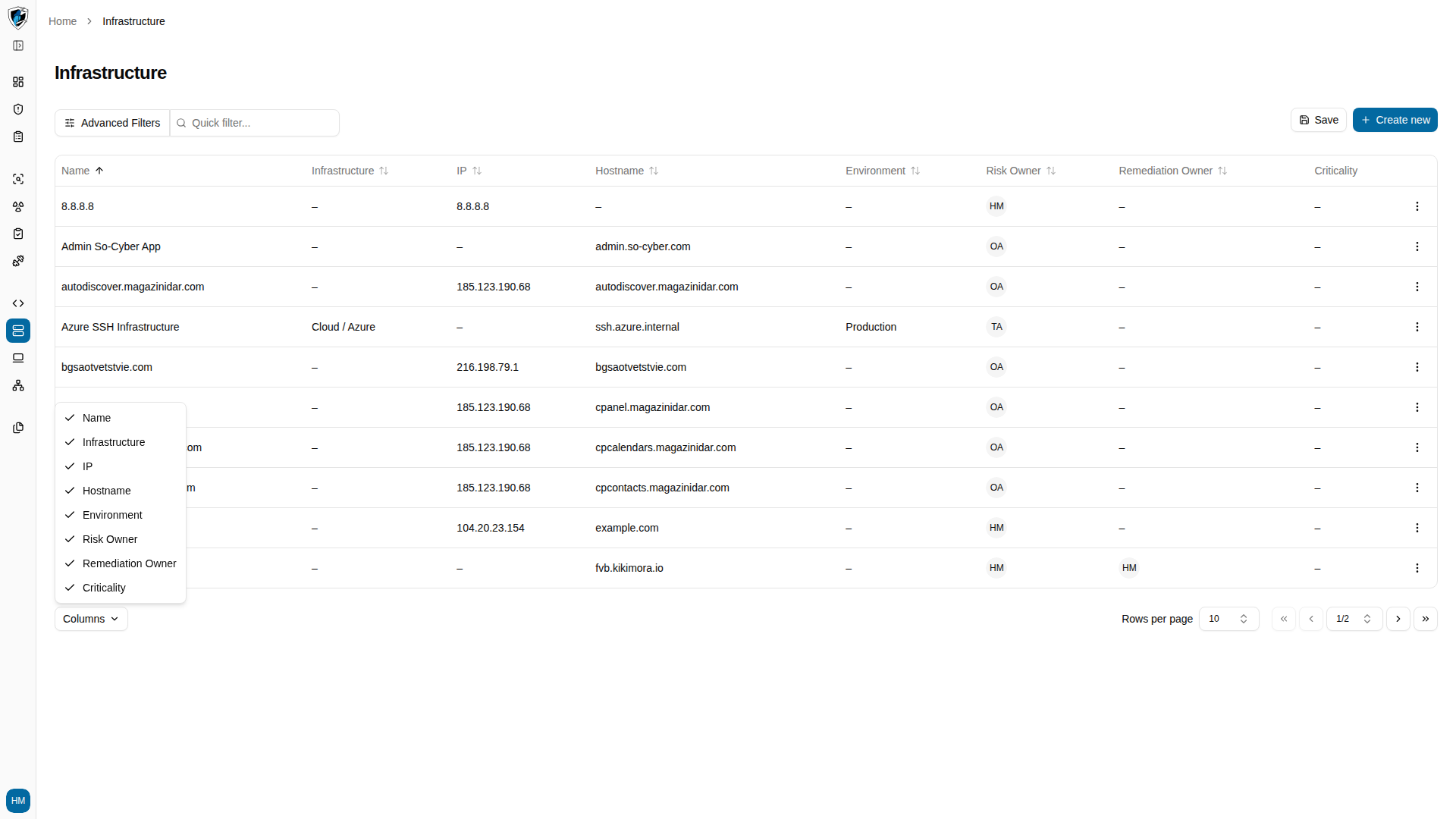 Columns selector menu with a toggle for each available infrastructure column