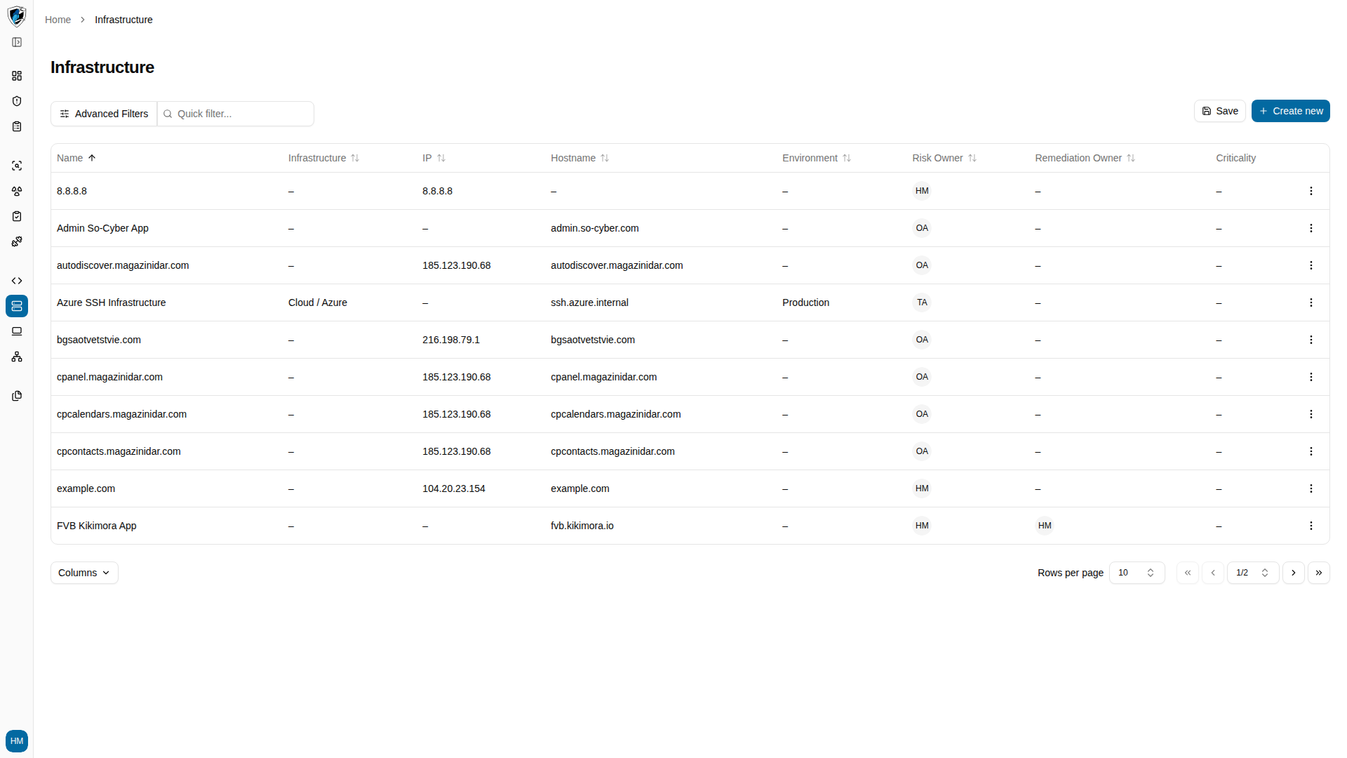 Advanced Filters panel with criteria for environment, provider, ownership, and criticality