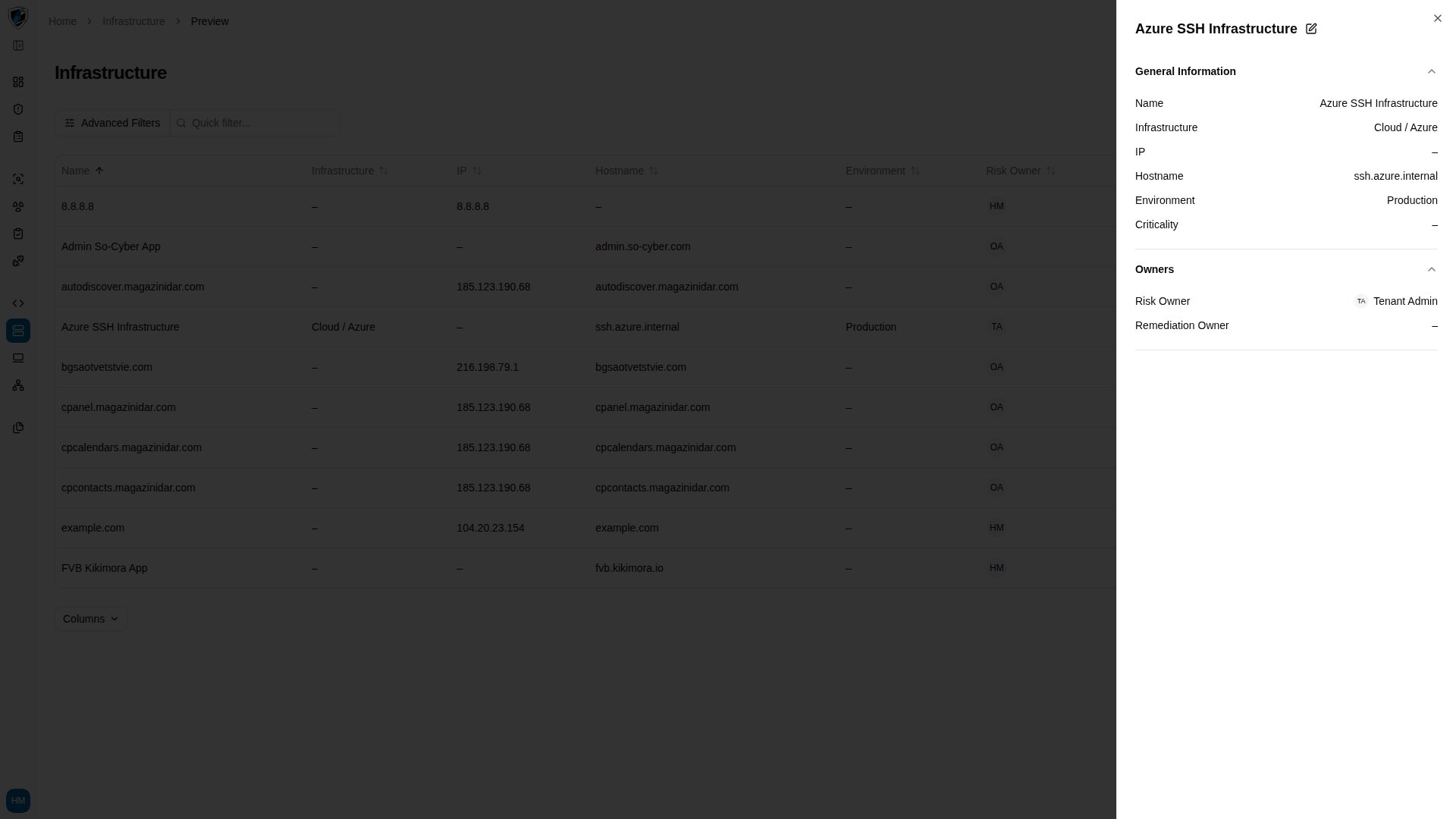 Preview drawer with the Owners section expanded showing risk and remediation owner assignments