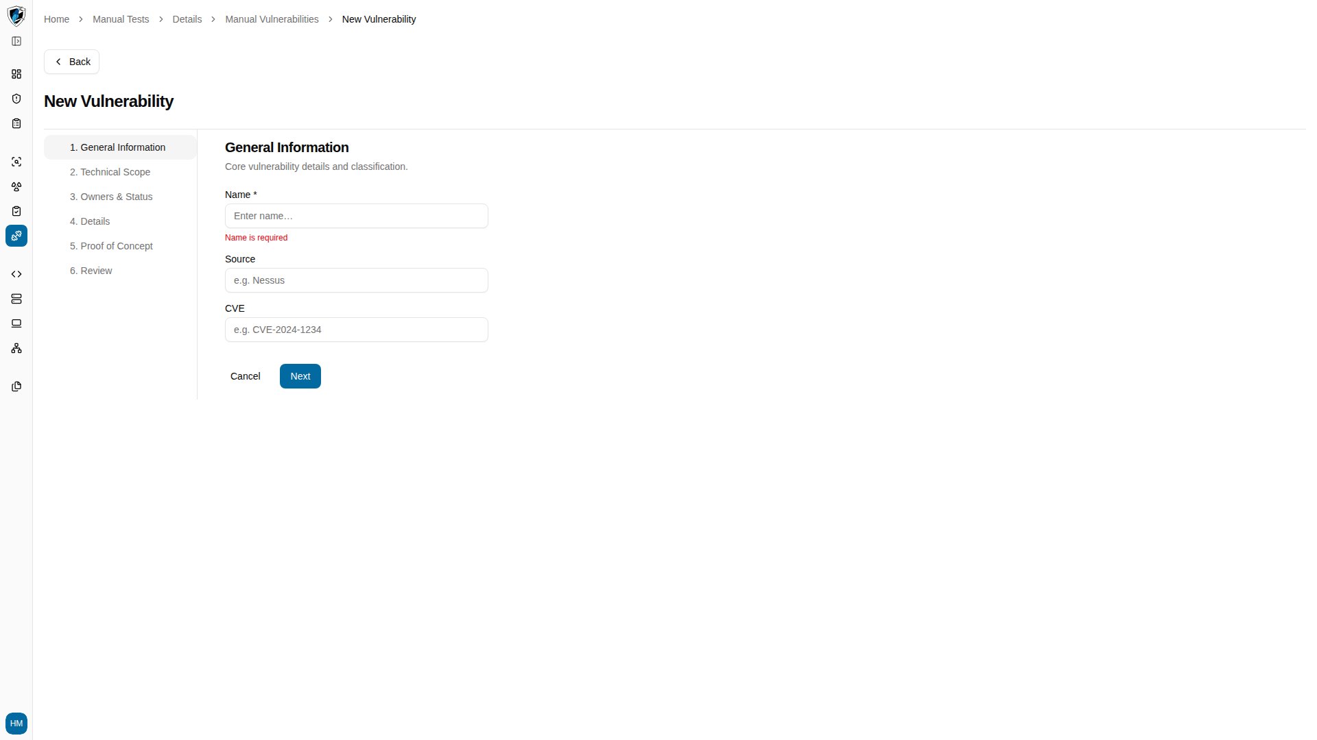 Step 1 of the New Vulnerability wizard with name, category, and CVE fields
