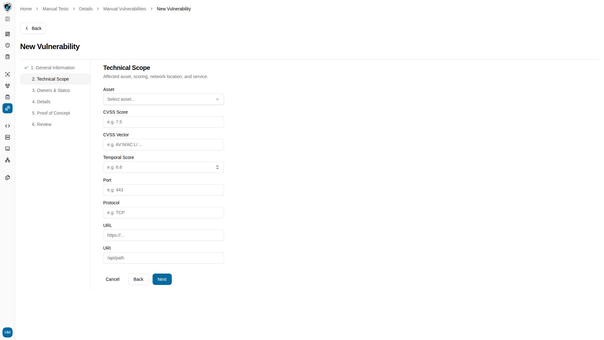 Technical Scope step for selecting affected assets, applications, and endpoints