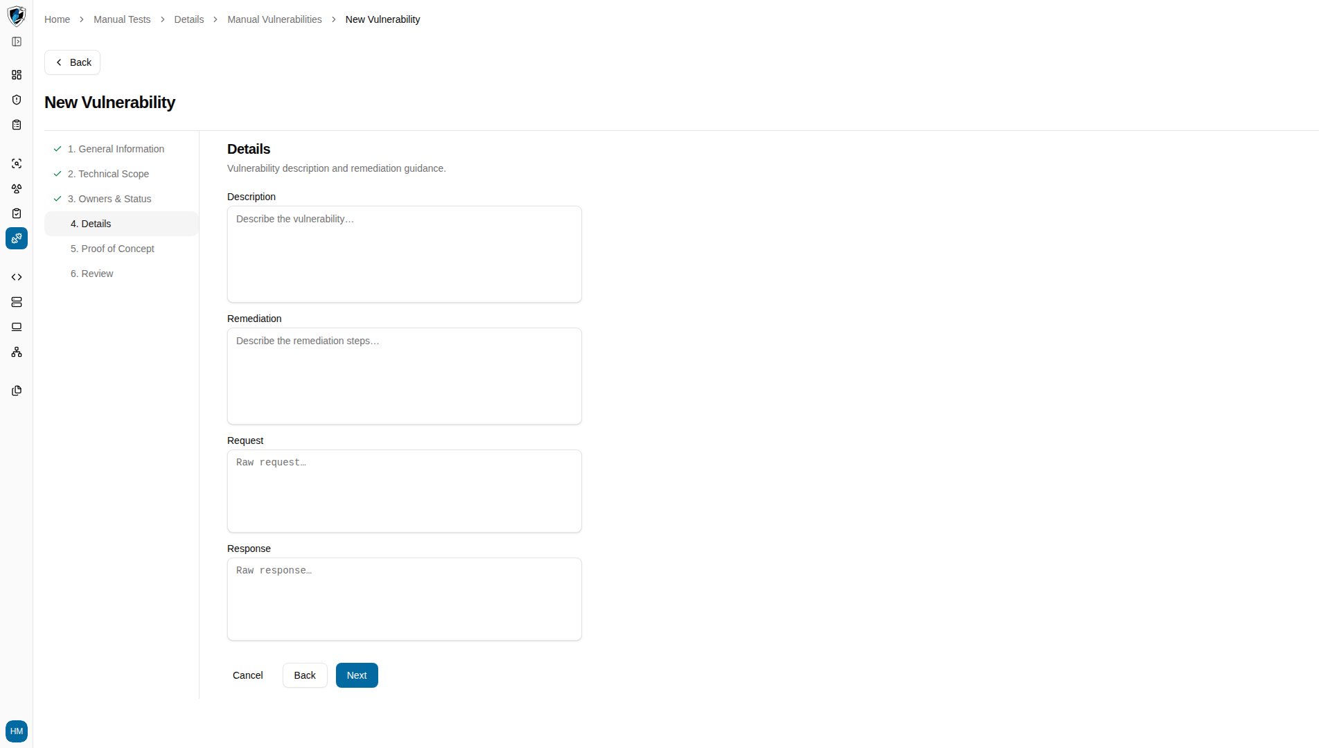 Details step with CVSS scoring, severity, vector string, and impact description fields