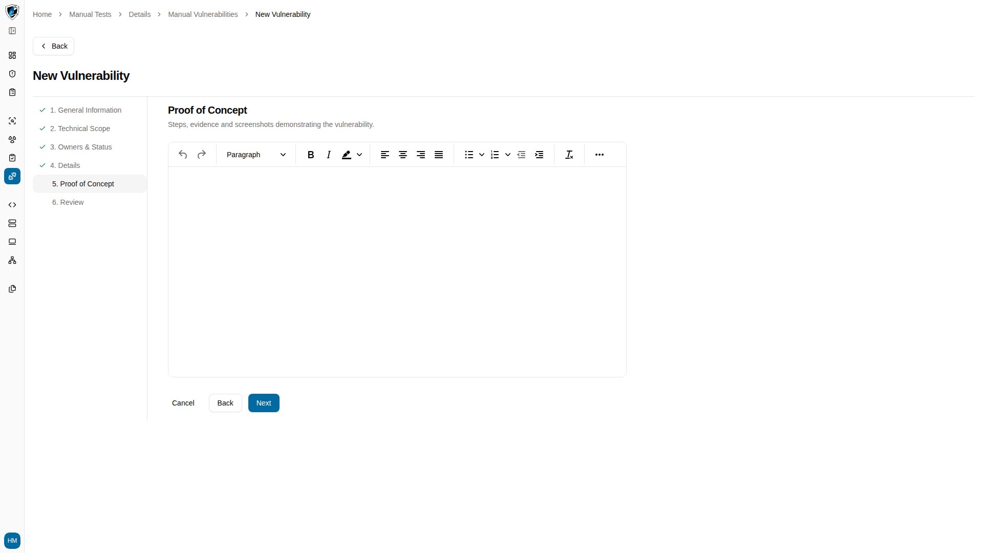 Proof of Concept step with the rich-text editor for reproduction steps and evidence