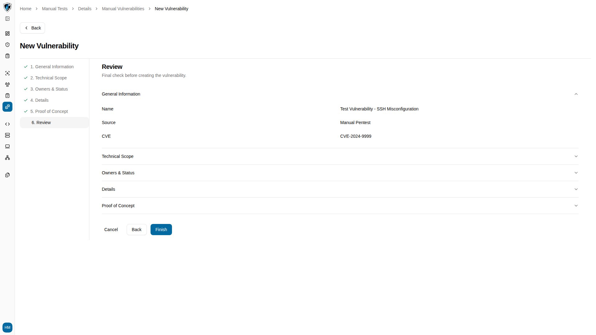 Review step summarizing every configured field before finishing