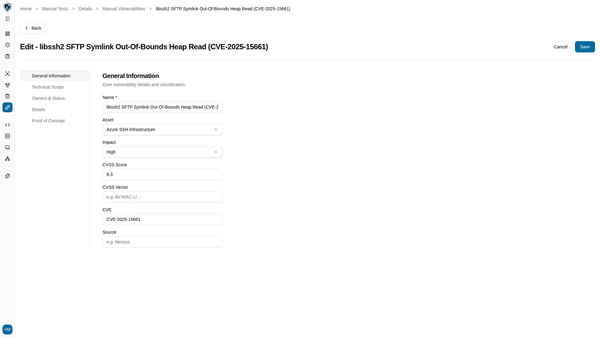 Action menu open on a manual vulnerability row with the Edit option