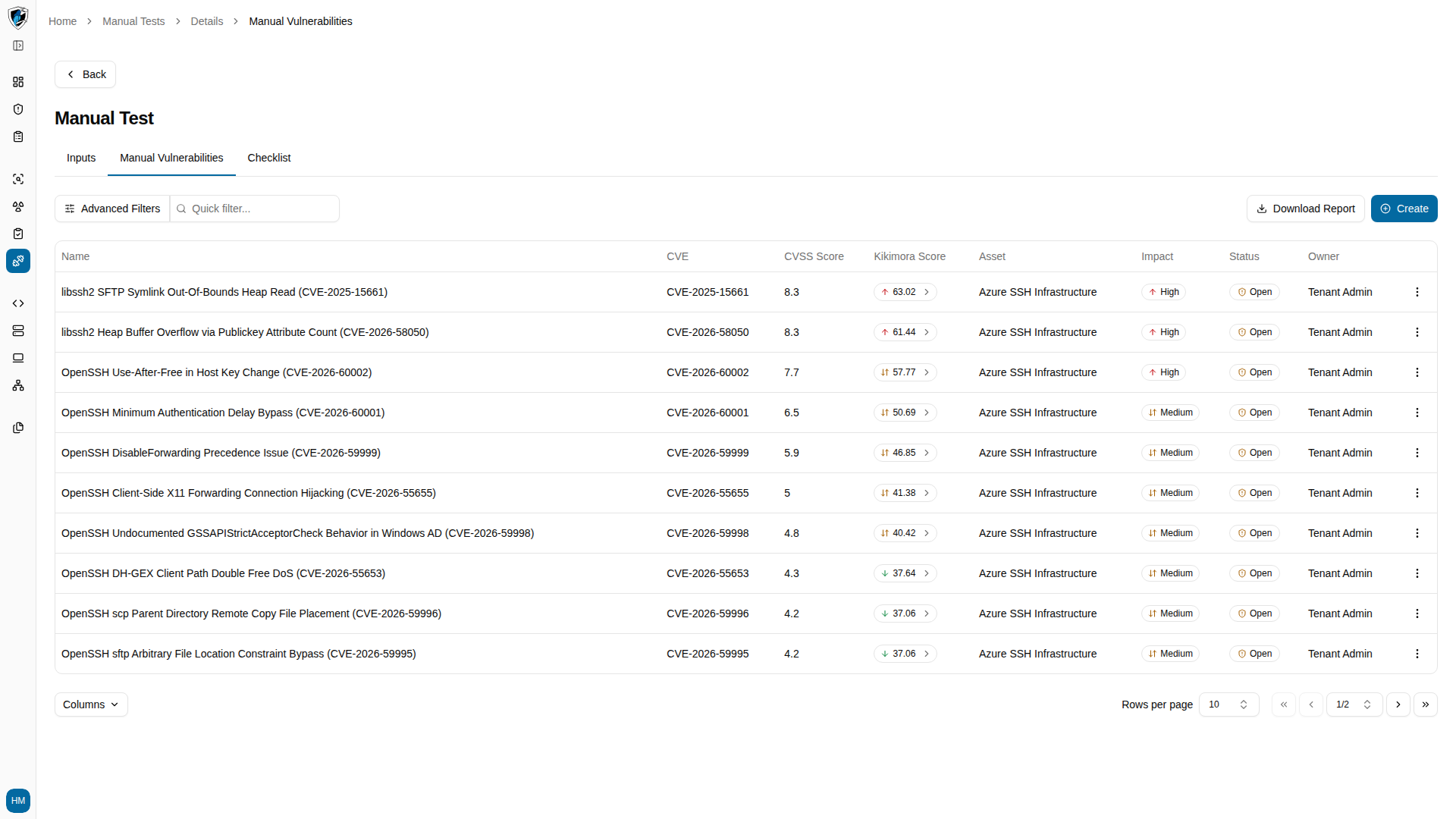 Manual Vulnerabilities tab after saving, showing the updated finding