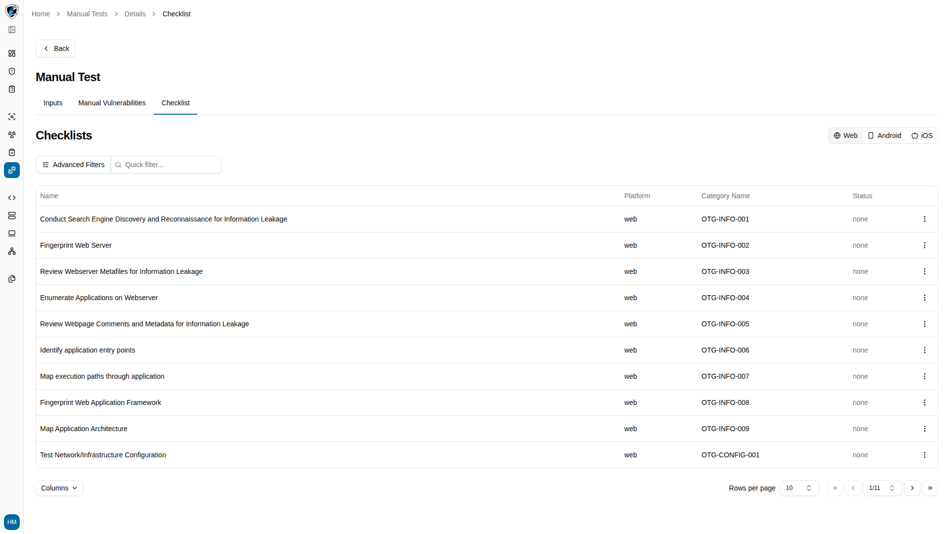 Checklist tab listing the security checks associated with the manual test