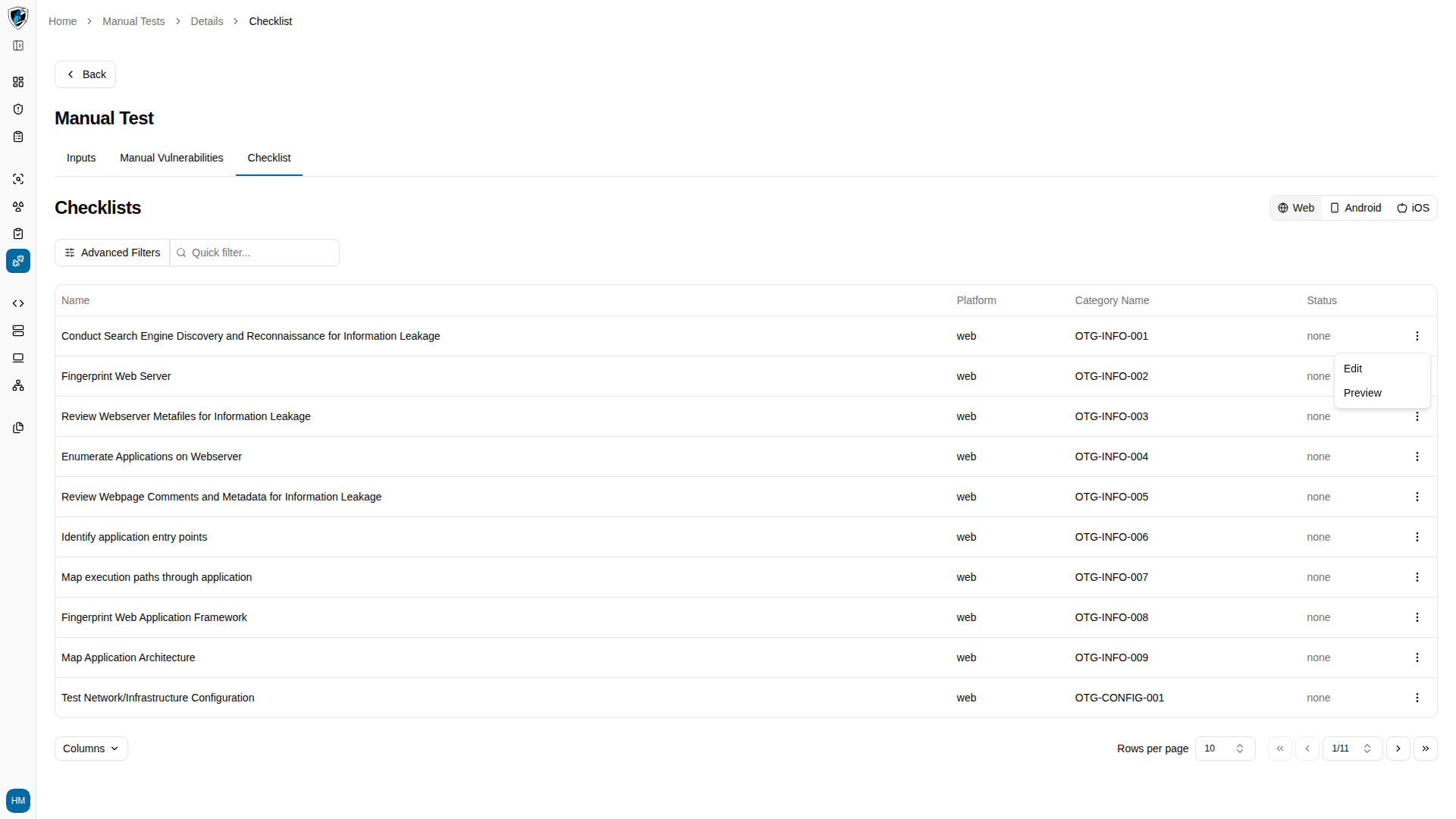 Action menu open on a checklist row