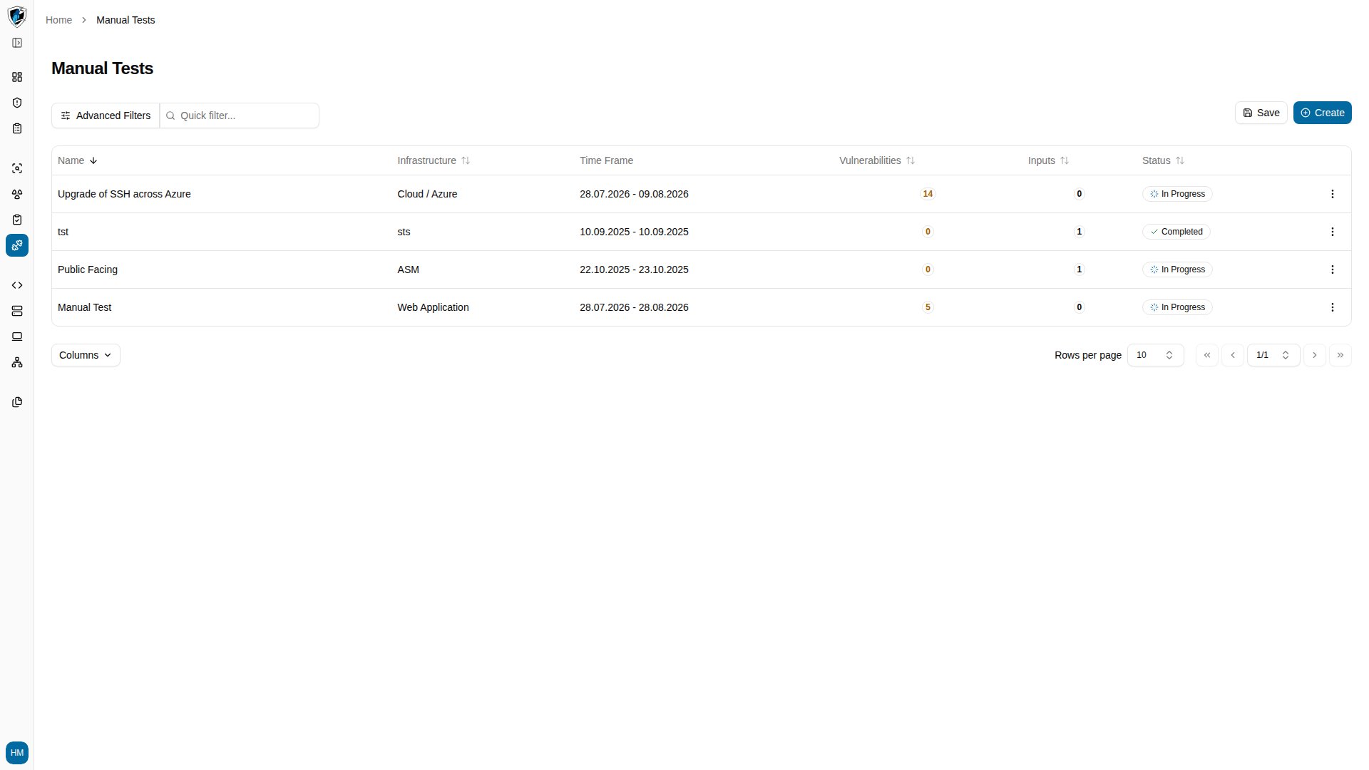 Manual Tests list reached from the Back button