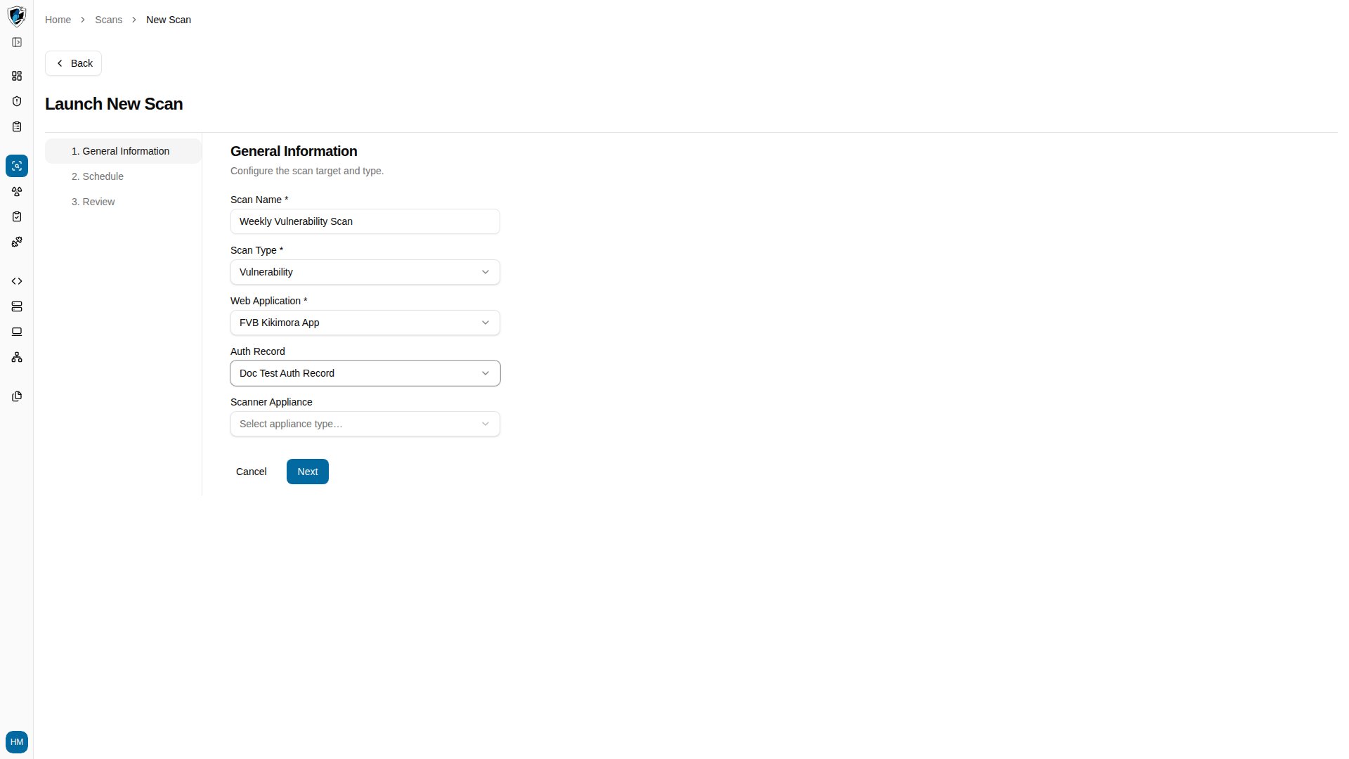 Step 1 of the New Scan wizard with scan name, scan type, web application, and auth record fields filled in