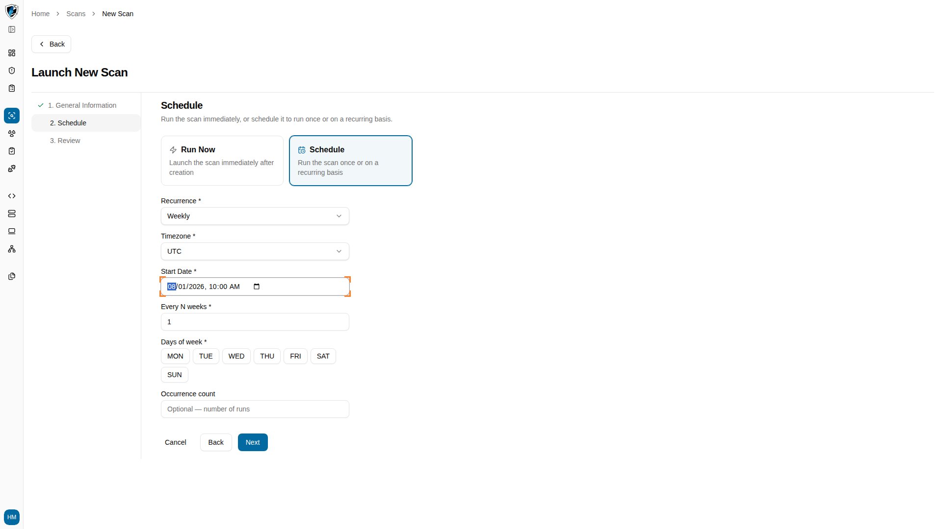 Step 2 of the wizard showing Schedule mode selected with Weekly recurrence and a Monday start date