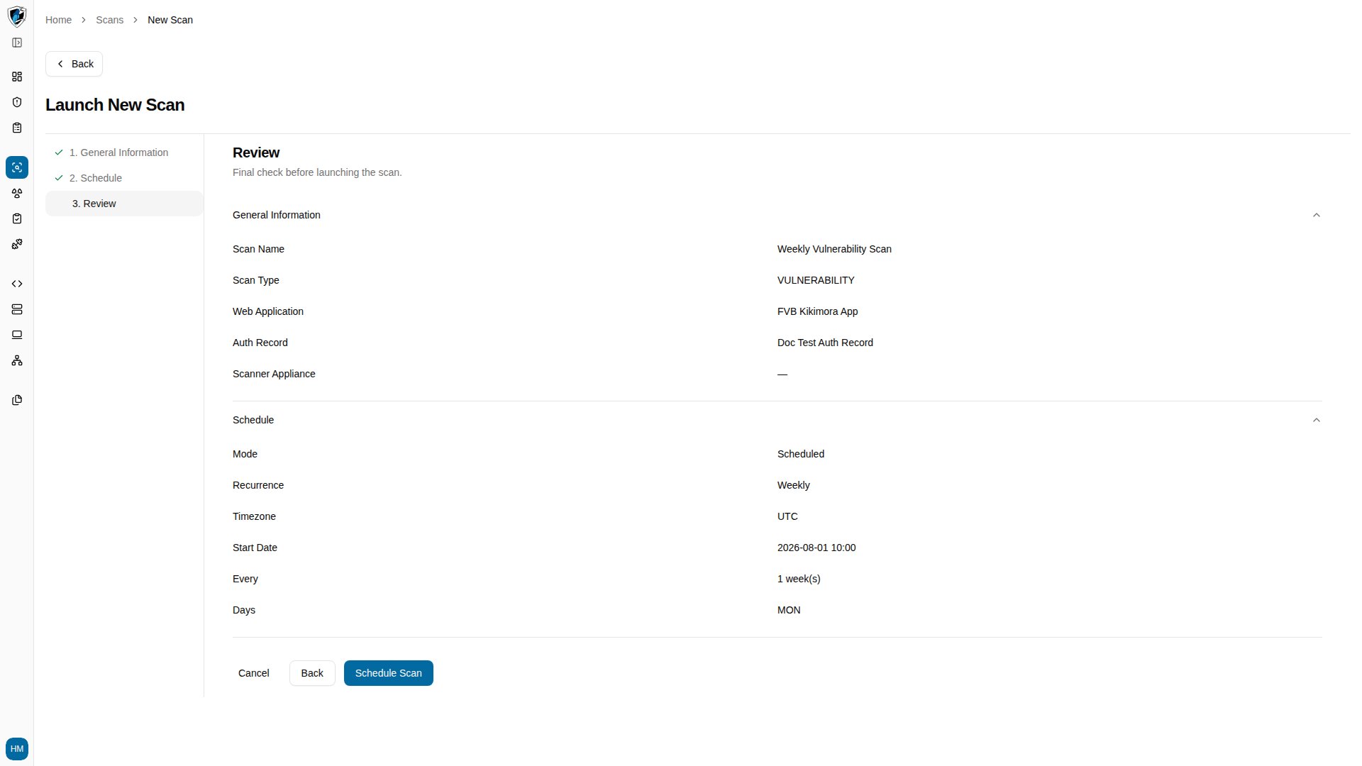 Step 3 review summary listing the configured general information and schedule values, with Cancel, Back, and Schedule Scan buttons