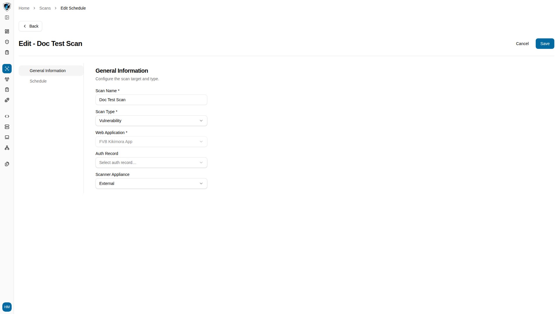 Edit Scan wizard showing pre-filled general information with the Web Application field disabled