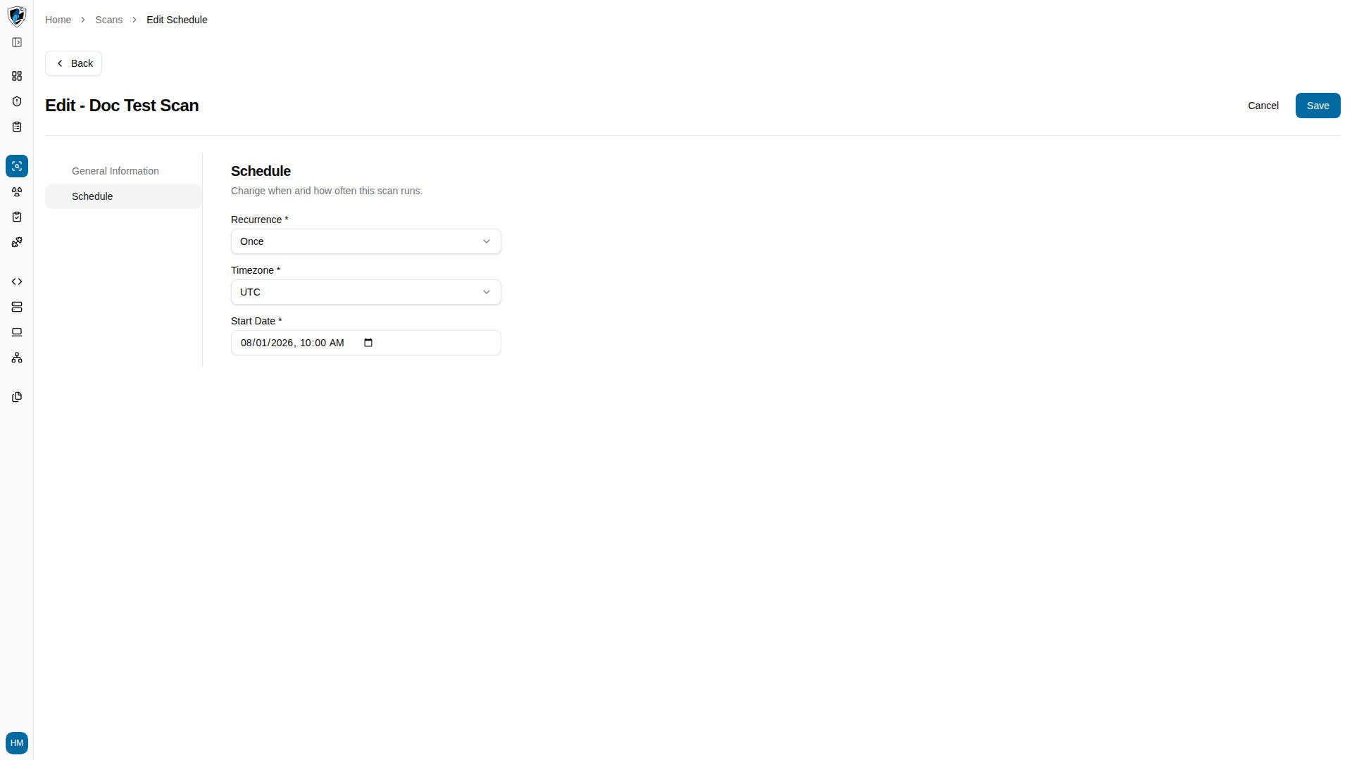 Edit Scan schedule step with recurrence and start date available for changes