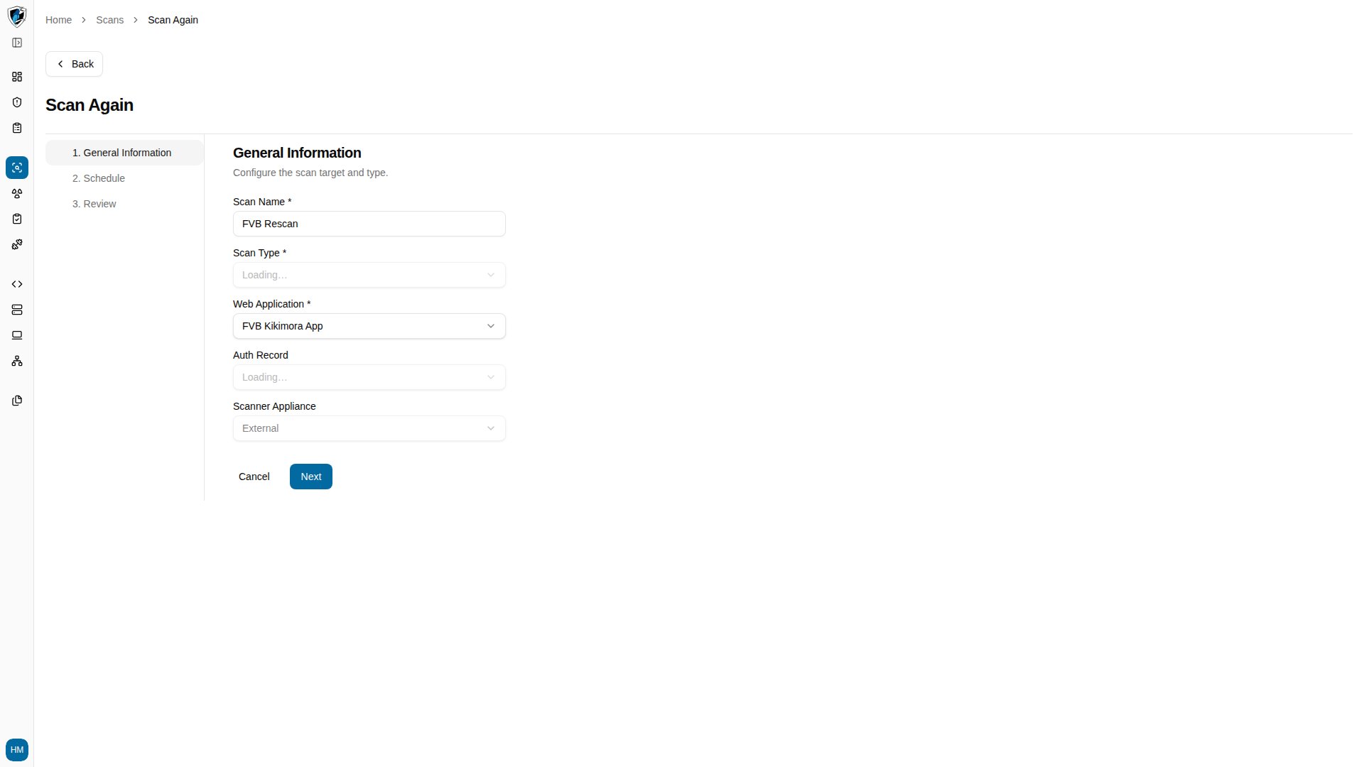 Scan Again wizard opened with the target application, scan type, and auth record carried over from the original scan