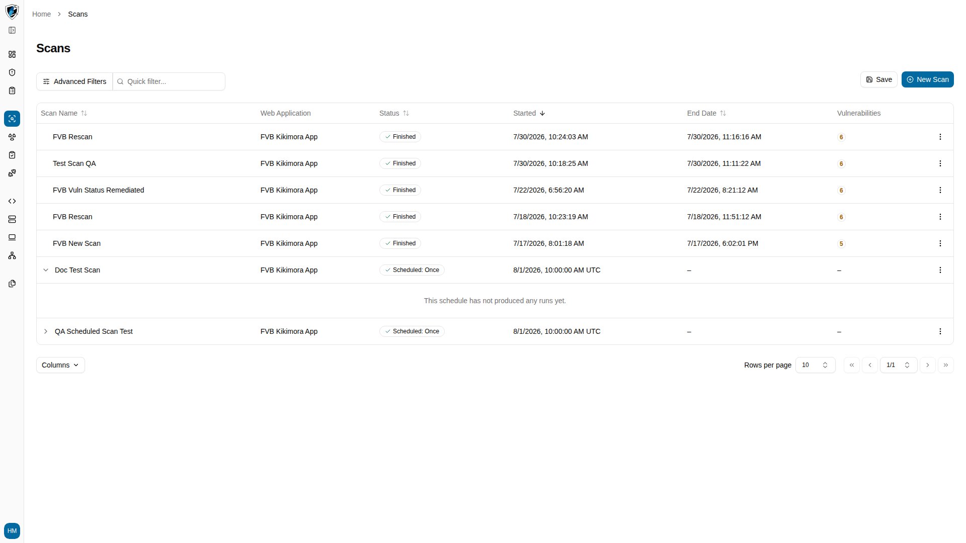 Expanded scheduled scan row revealing the nested table of individual runs with statuses and dates