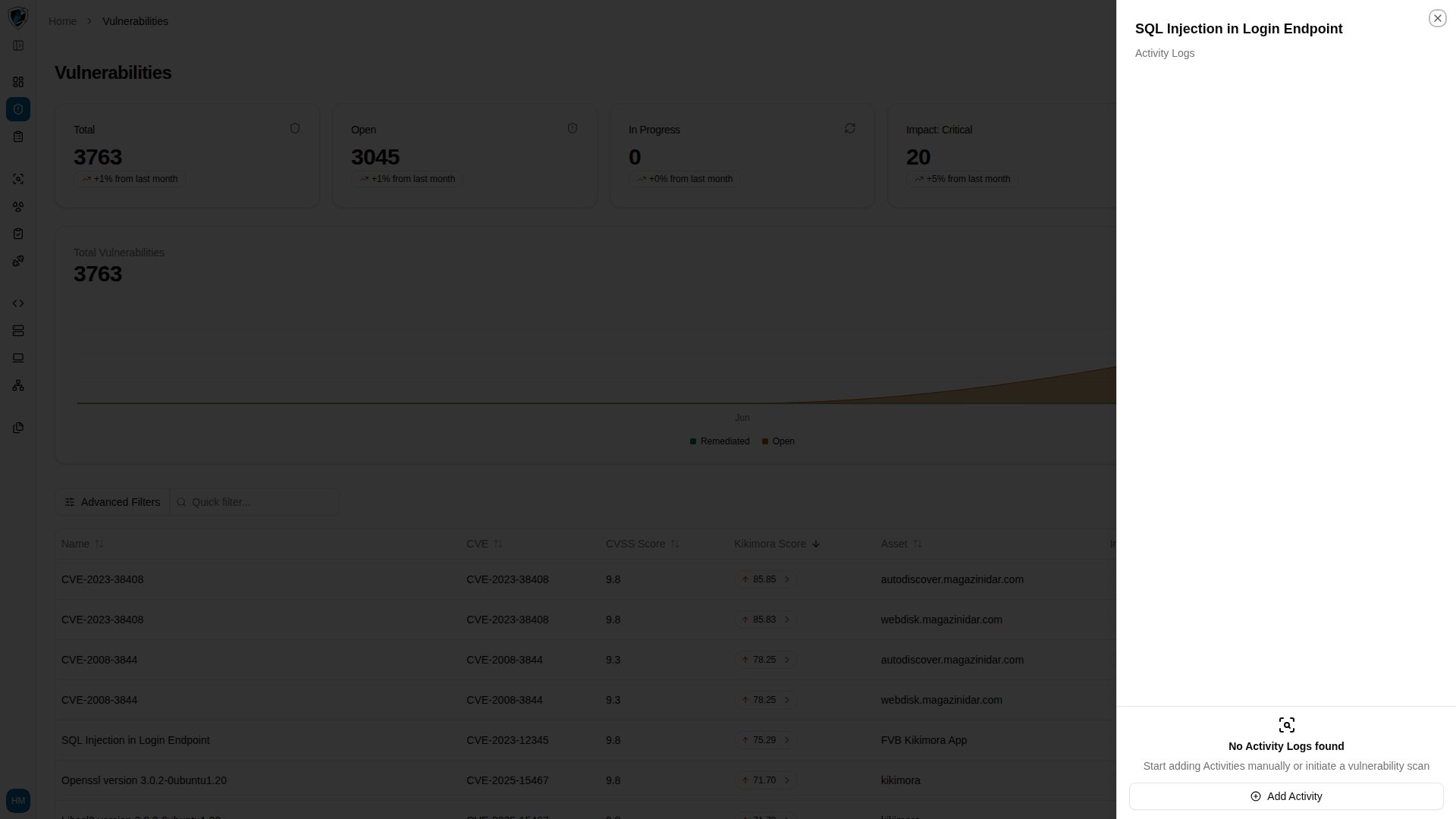 Activity Logs sheet showing a vulnerability's history grouped chronologically by date