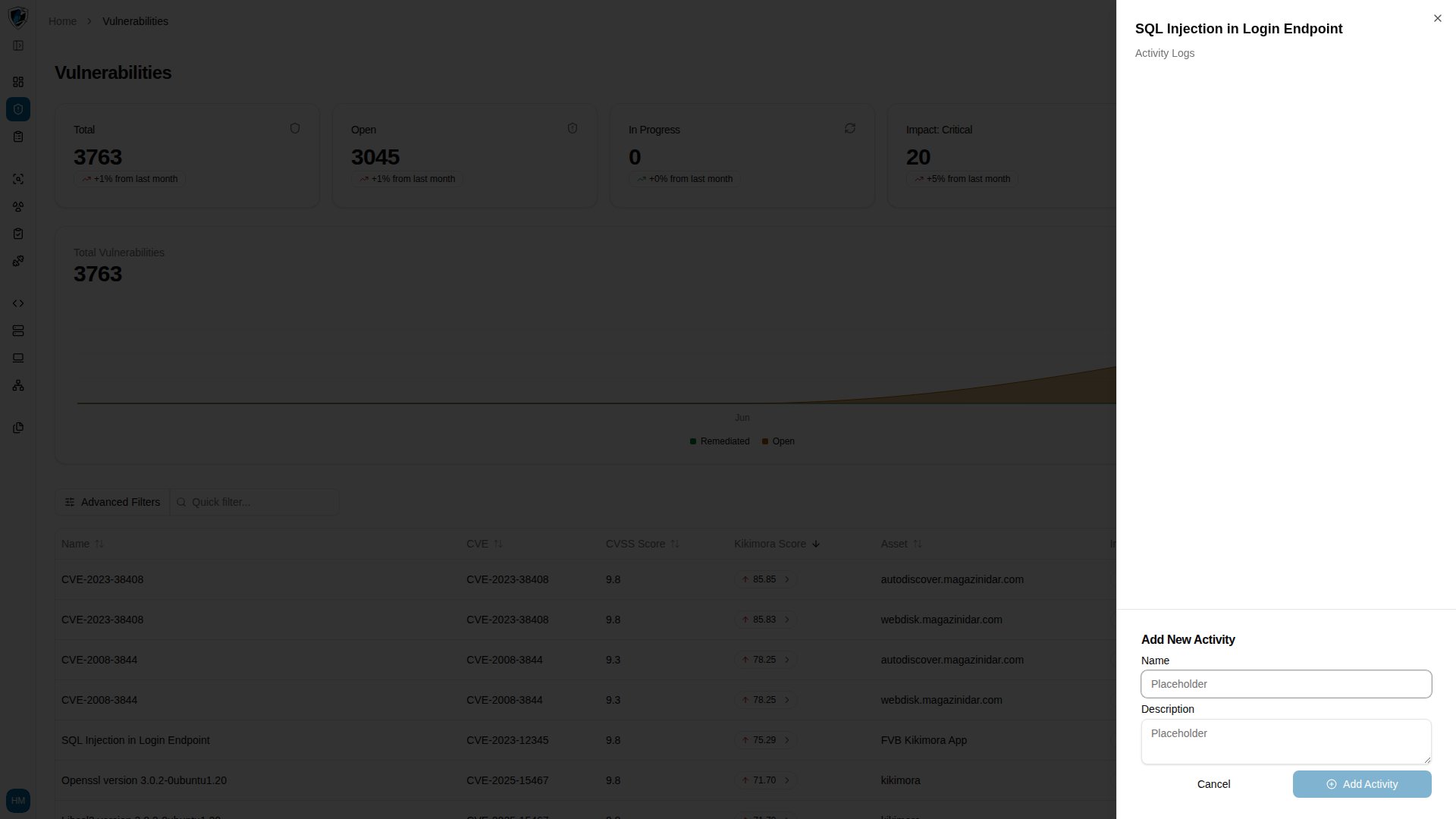 Add Activity form with name and description fields inside the activity logs sheet